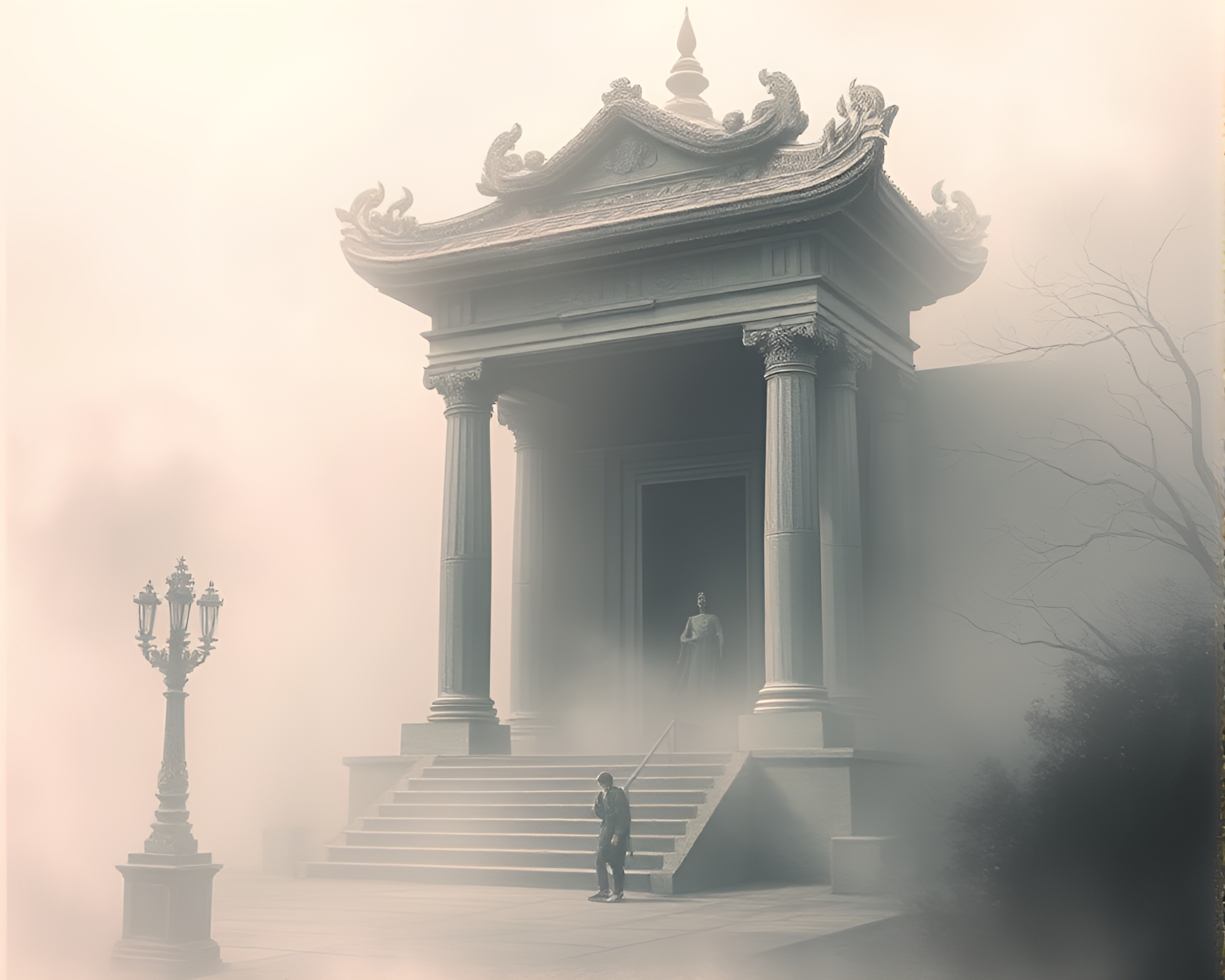 Misty Temple Shrine in Chalk Illustration – free AI stock image