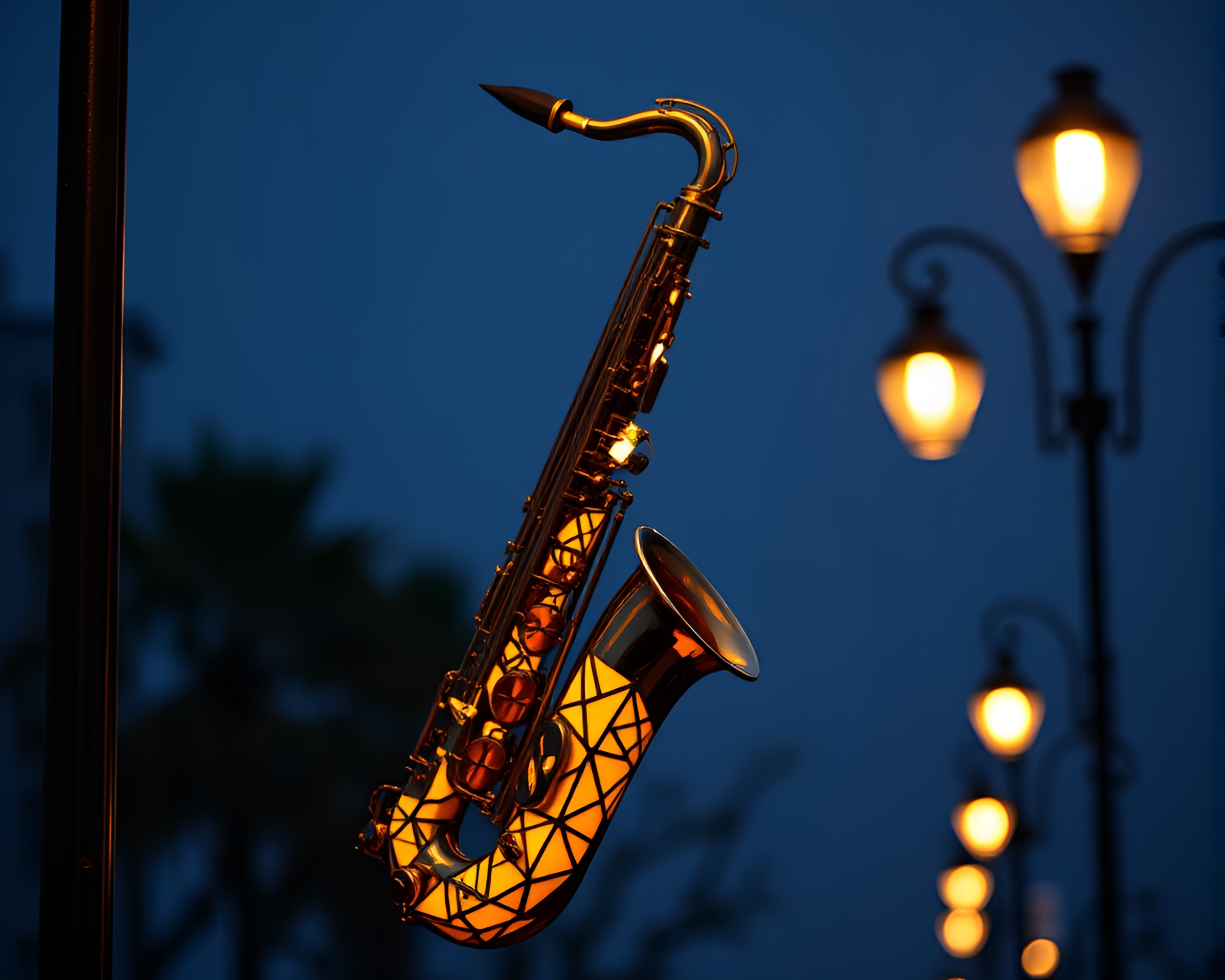 Saxophone Serenade Under Streetlamp, Geometric Patterns – free AI stock image