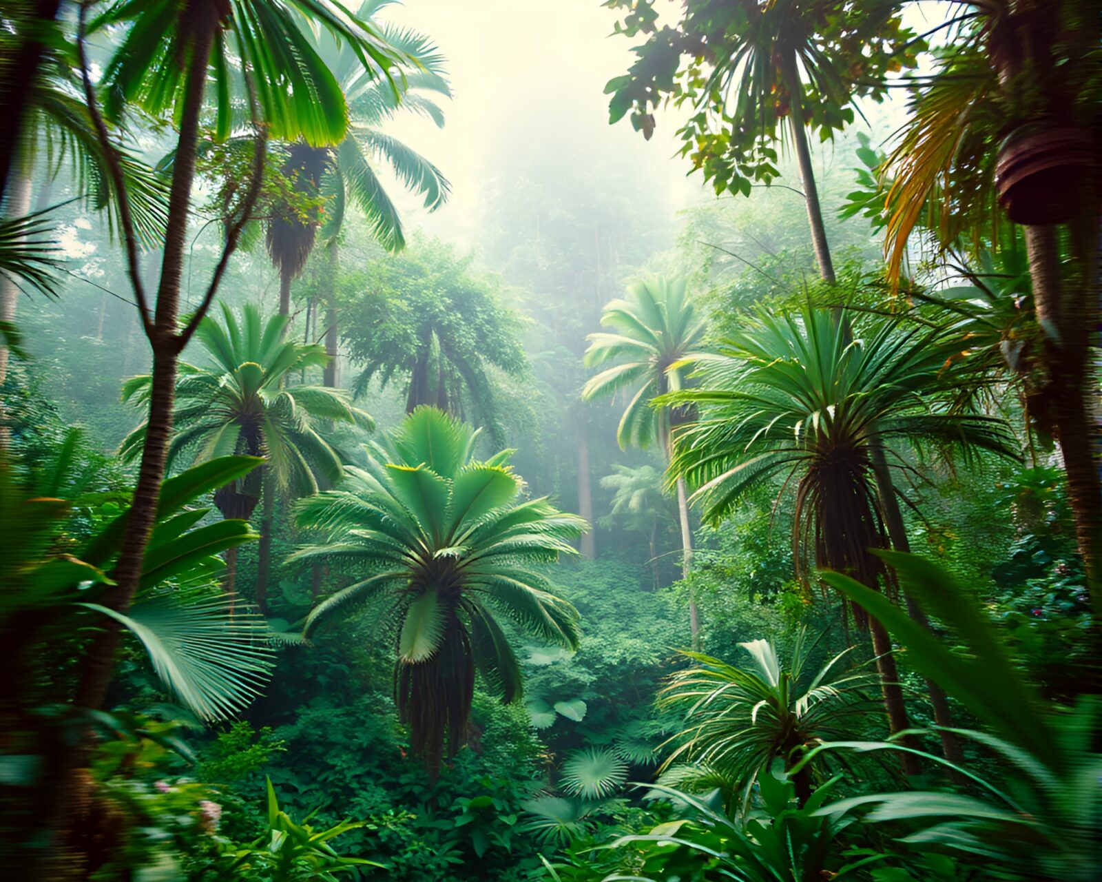 Dreamlike jungle scene with surreal coloring and telephoto lens look