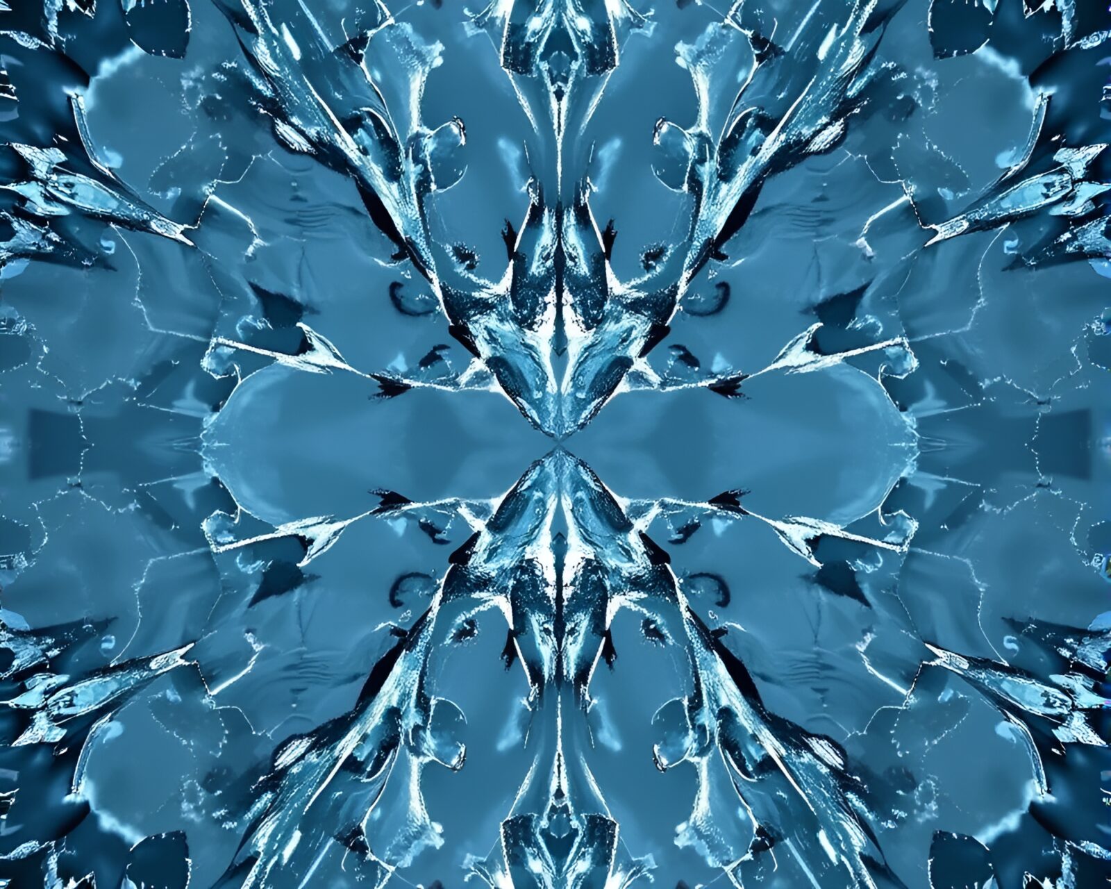 Abstract fluid simulation art with kaleidoscope effect on ice