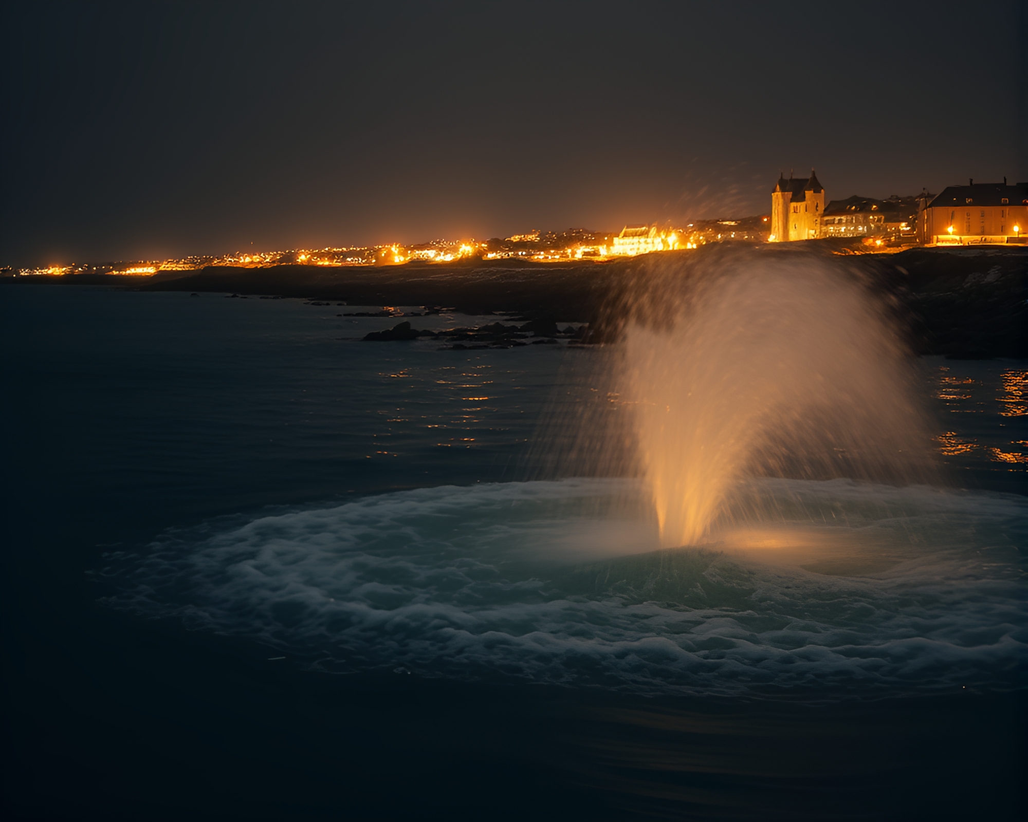 Penguin City Lights Reflection in Sepia Water Whirlpool – free AI stock image