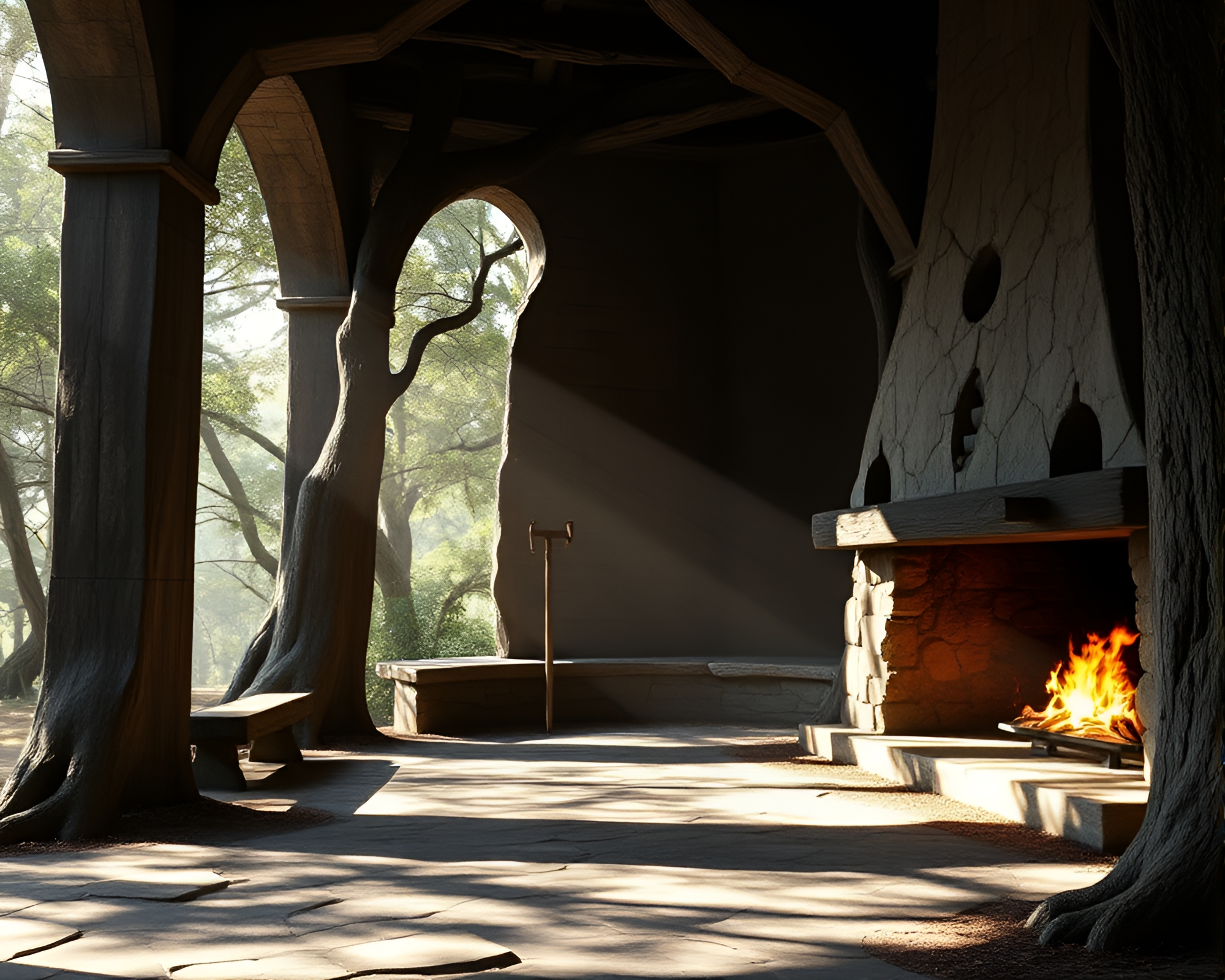 Enchanted Grove: Off-center Fireplace Glow – free AI stock image