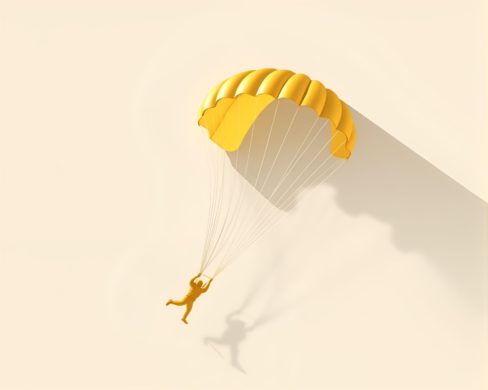 A parachutist gracefully descending in soft golden light at sunset.