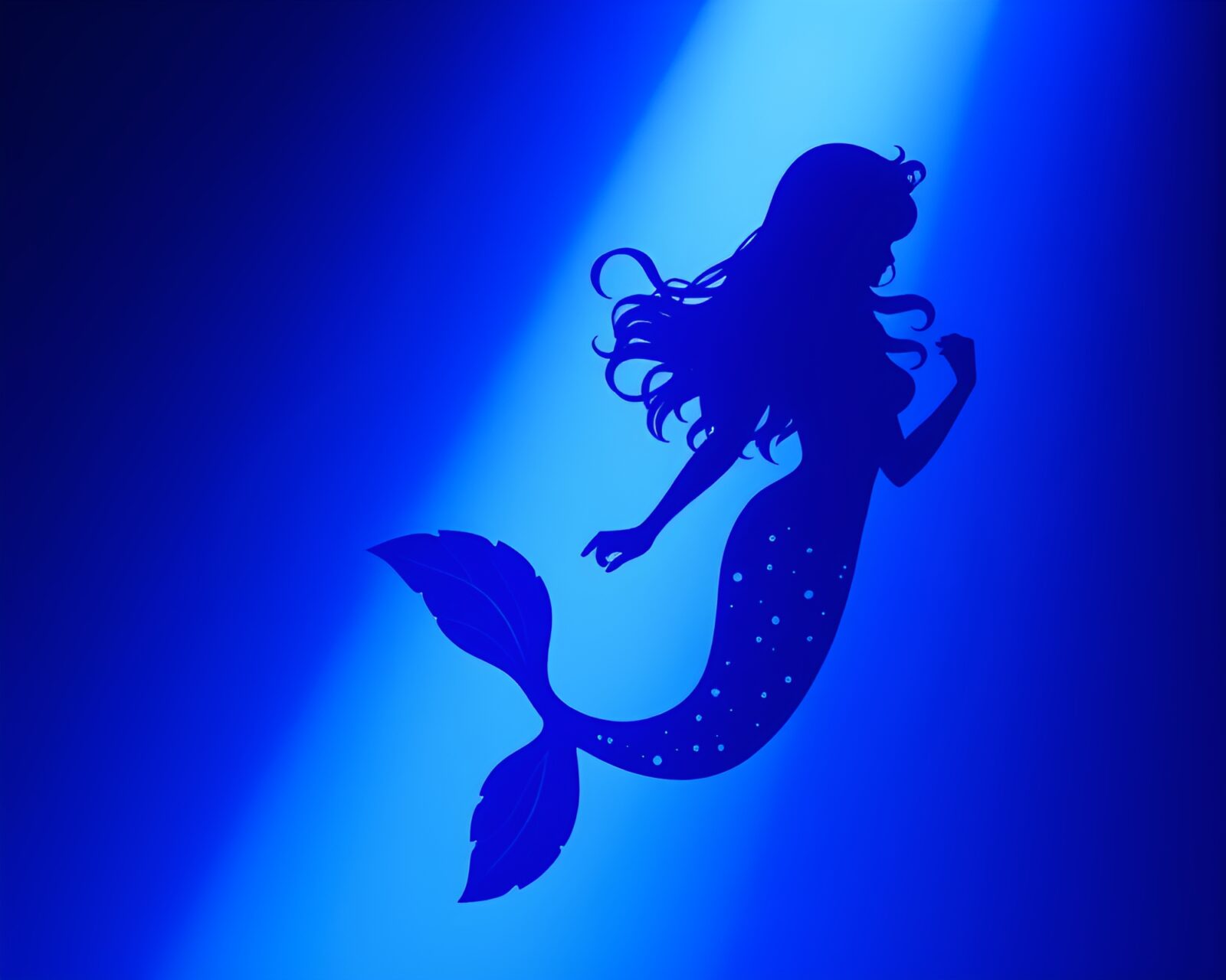 Mysterious mermaid in ultraviolet glow against dark underwater backdrop