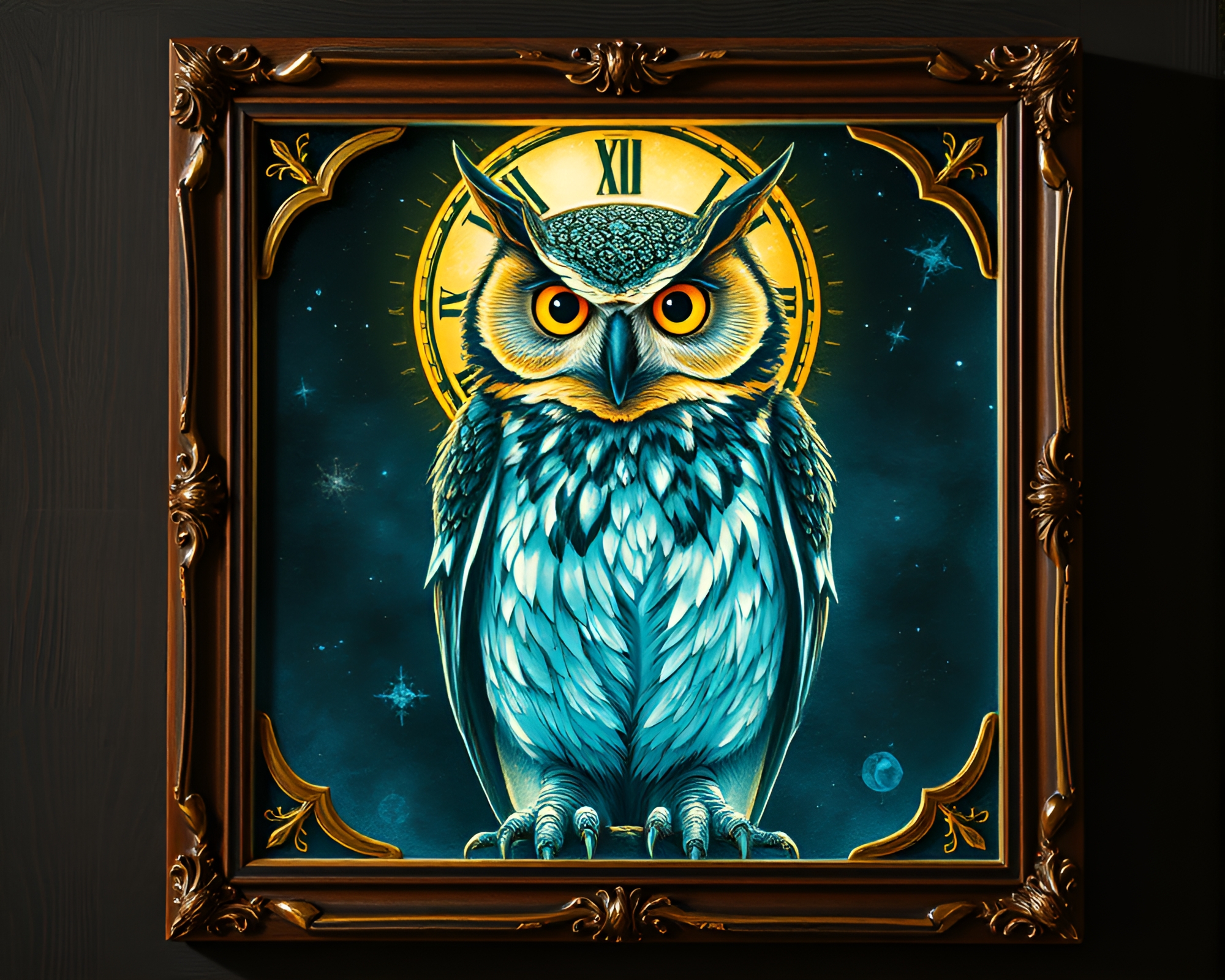 Clockwork Owl in Topaz Woodcut Frame – free AI stock image