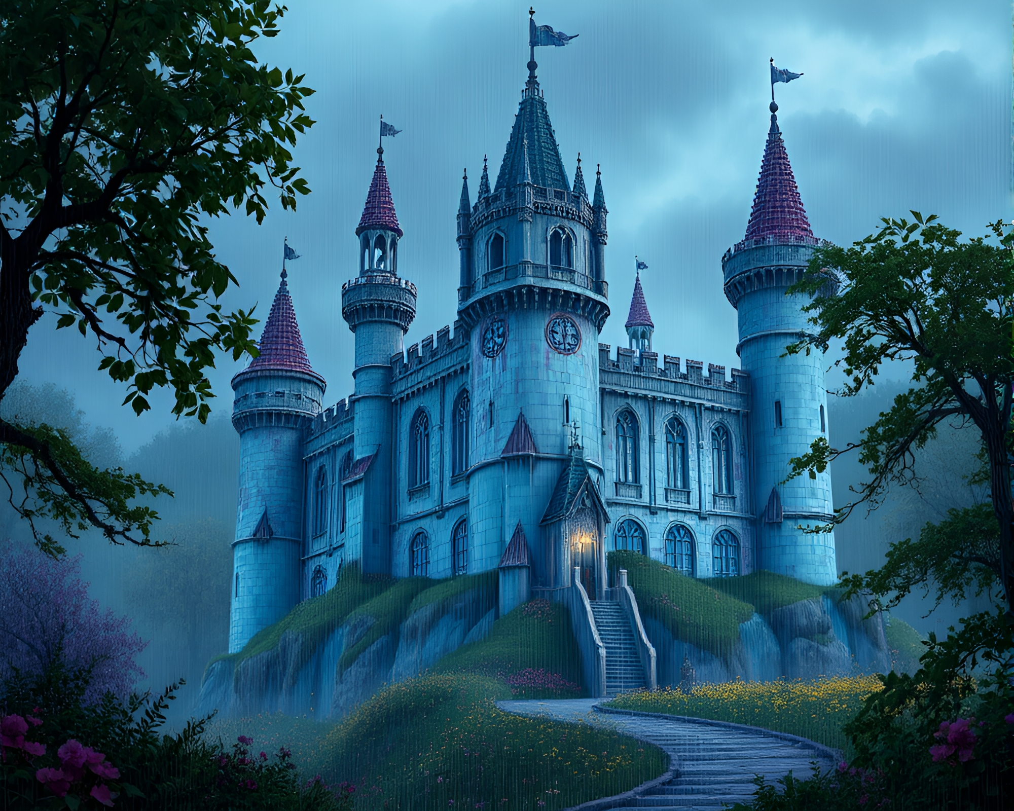Mystical Castle Surrounded by Dew Drops – free AI stock image