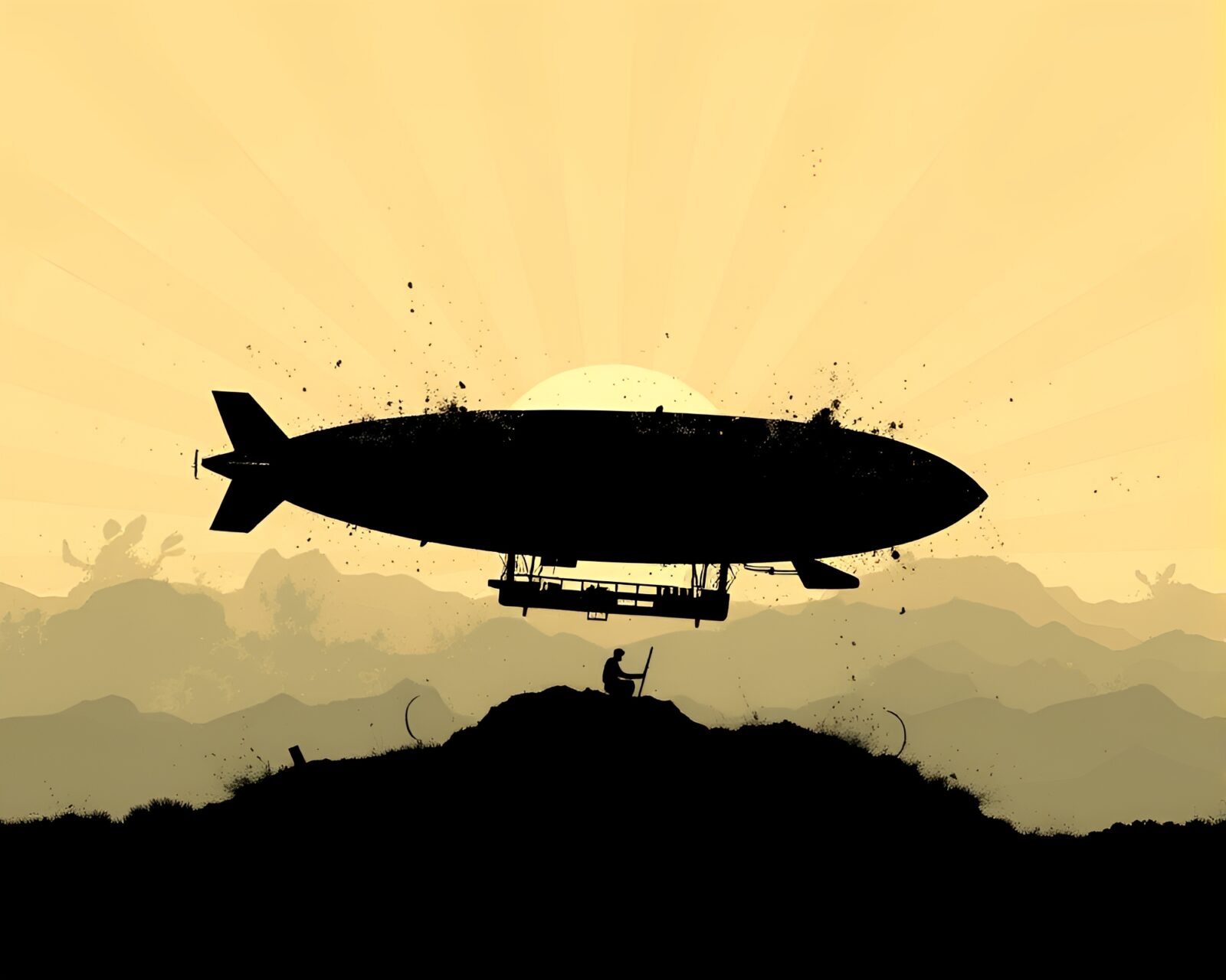 Colorful splatter art blimp reflection in water with sun rays