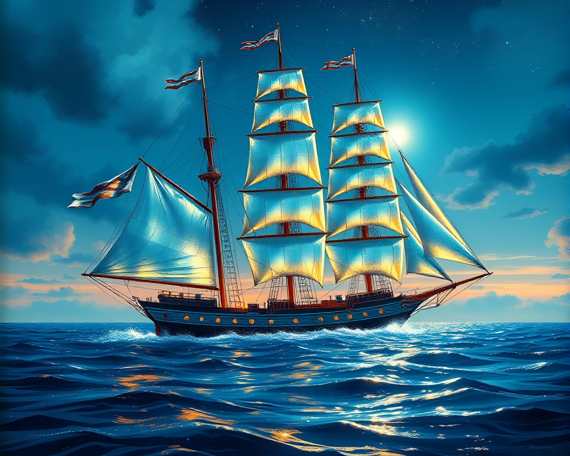Phosphorescent Classic Ship with Silver Leaf Accents – free AI stock image