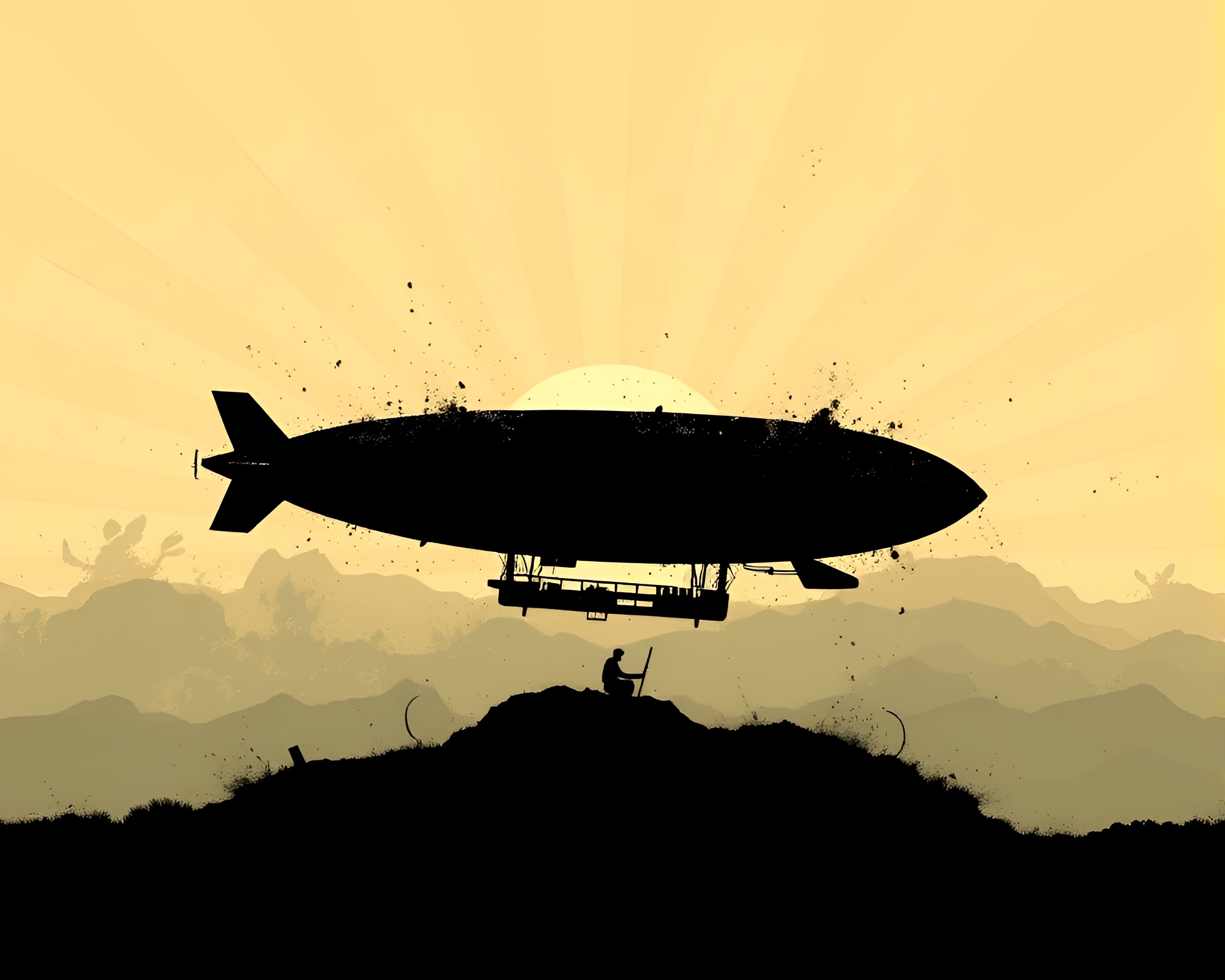 Zeppelin Reflection Silhouette with God Rays Splatter Art – free AI stock image