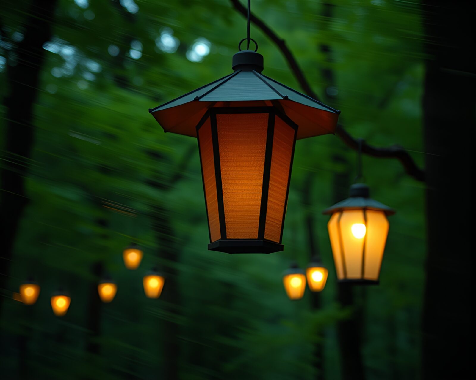 Mystical forest with lantern casting blurred light, hair simulation detail