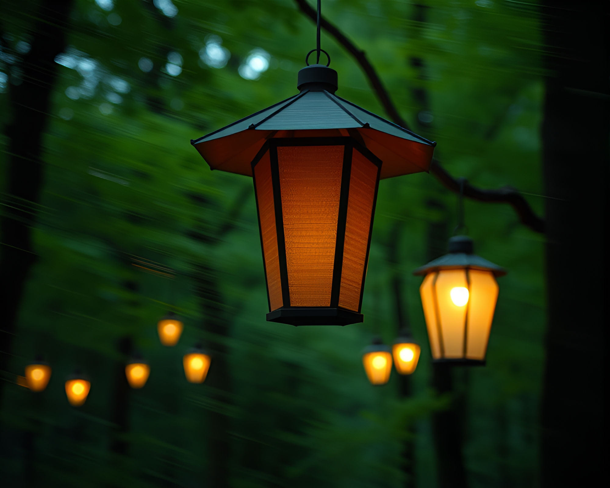 Enchanting Forest Scene with Pan Motion Blur Lantern Light – free AI stock image