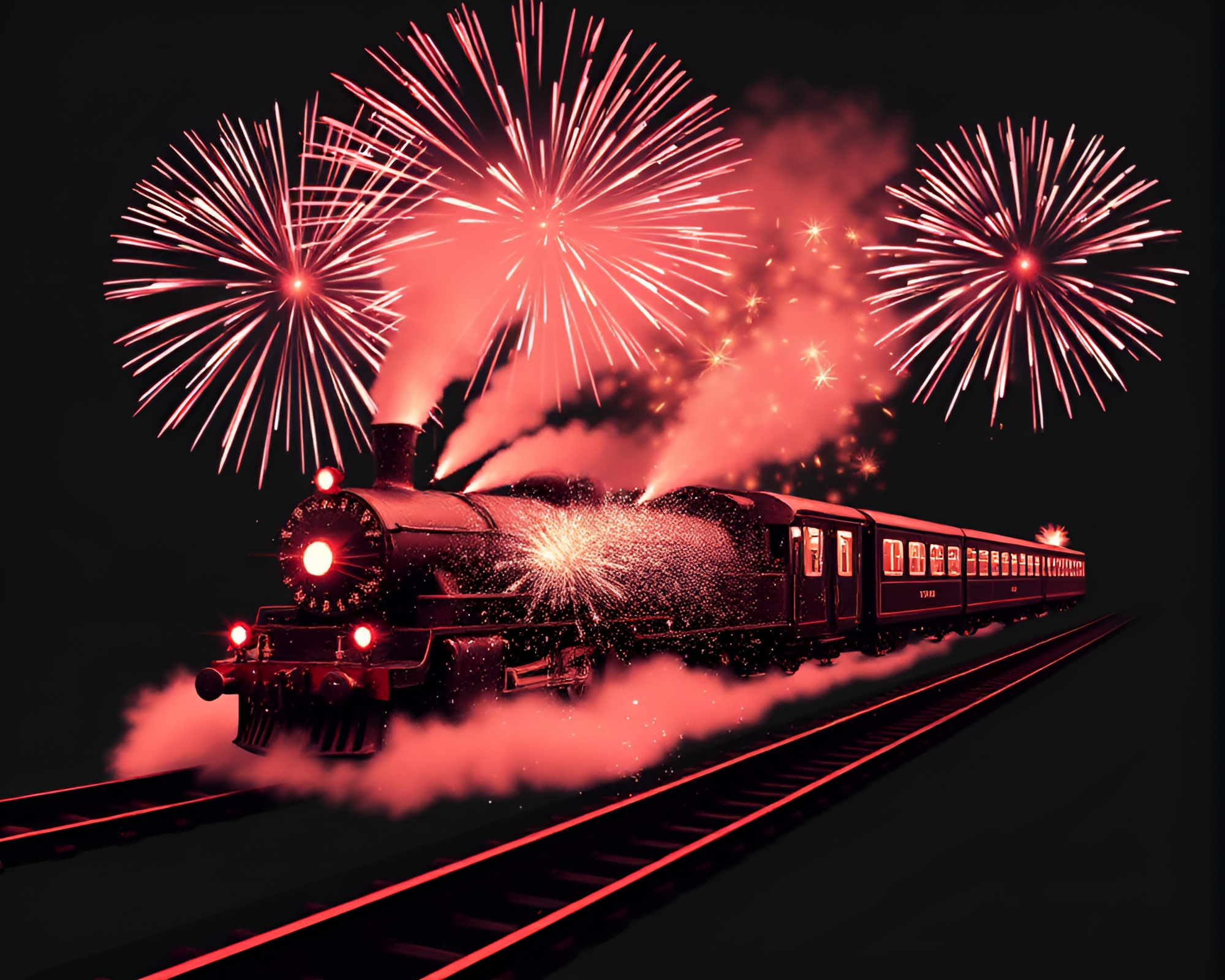 Spectacular Fireworks Illuminating Magnetic Levitation Train in Misty Air – free AI stock image