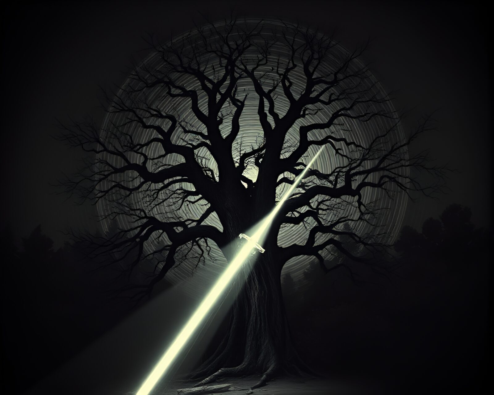 Desatured image of laser sword amidst tree ring patterns
