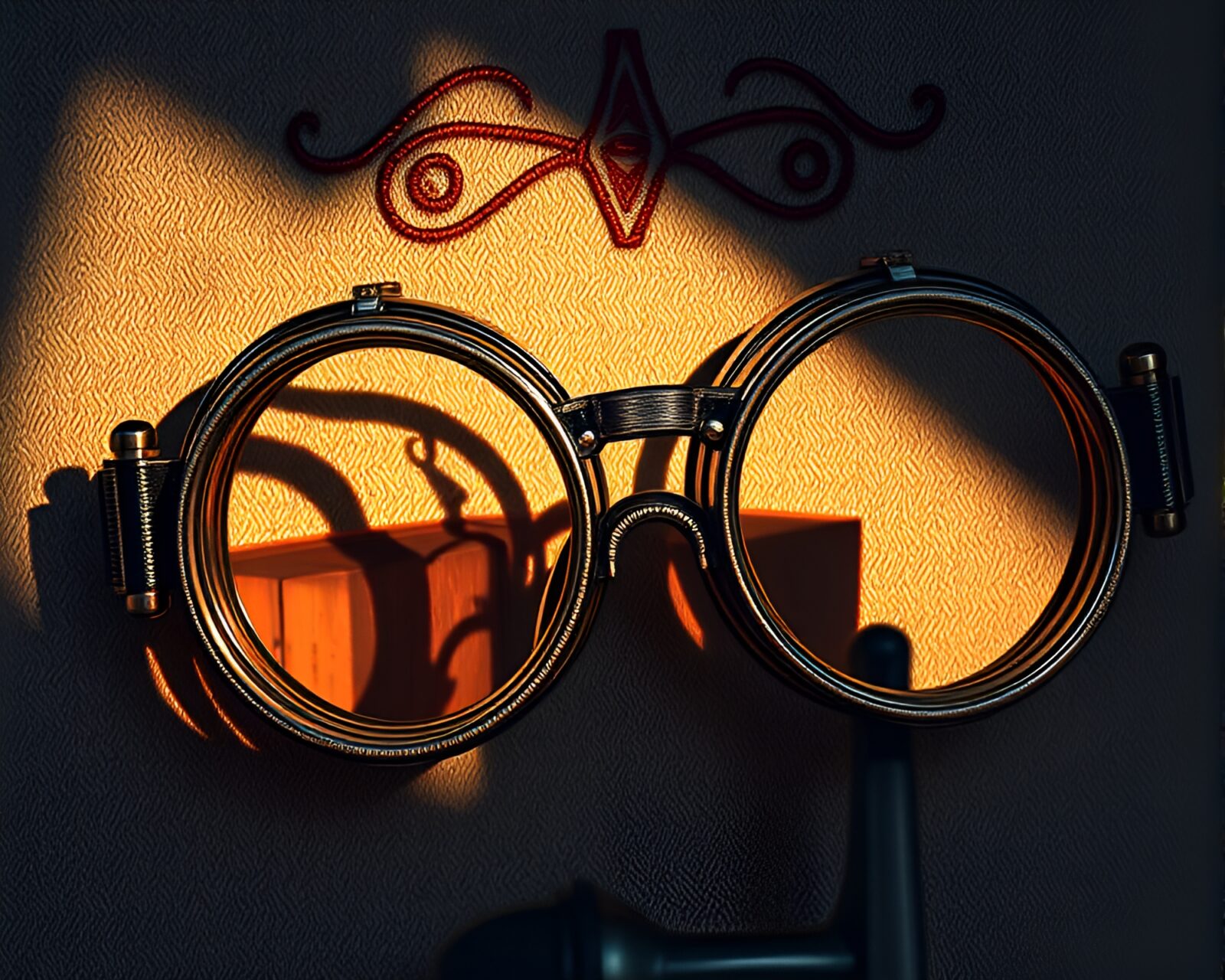 Intricately embroidered steampunk goggles silhouetted against cliff shadows at dusk