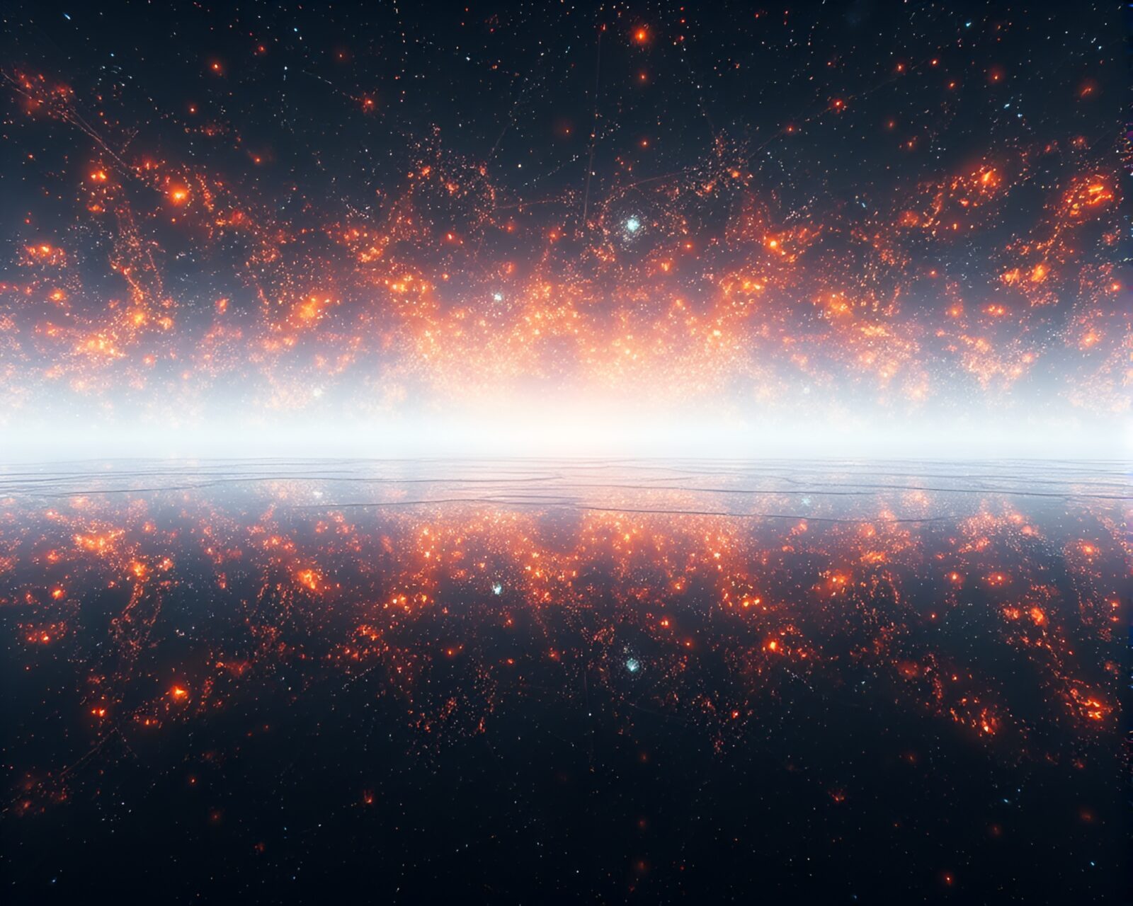 Futuristic misty VR hub with reflective surfaces