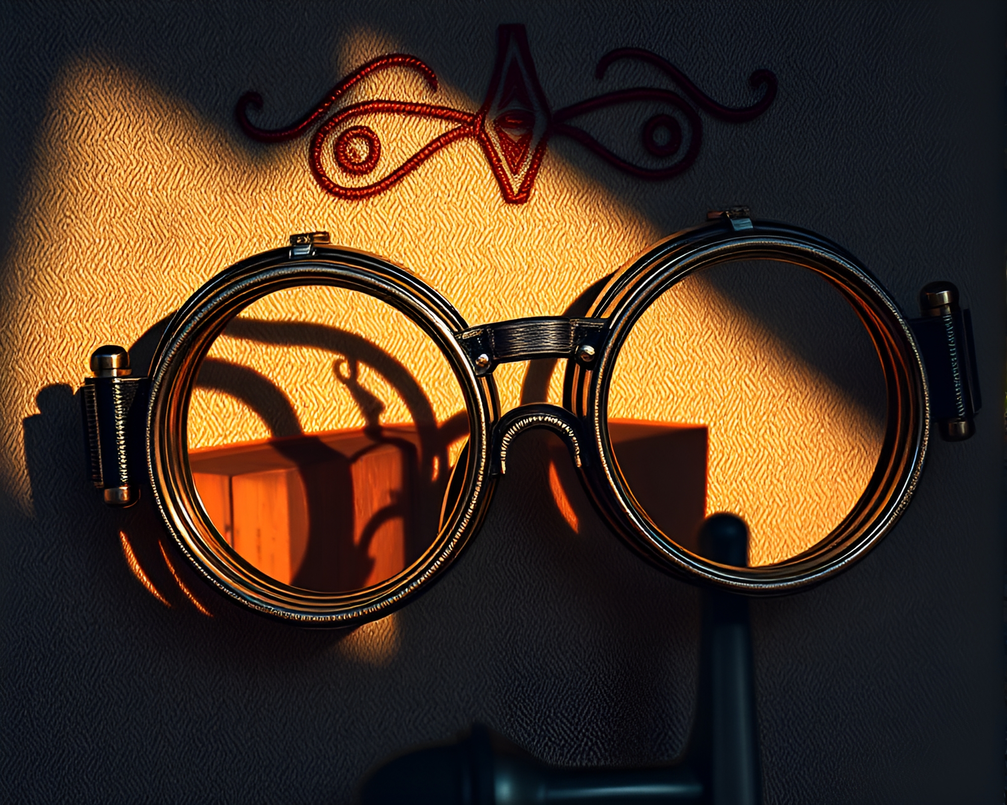 Embroidered Steampunk Goggles on Clifftop at Sunset – free AI stock image