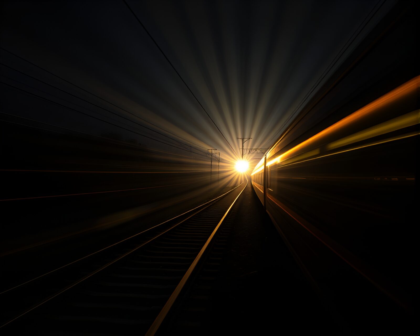 Futuristic train light trails and god rays with calligraphy style