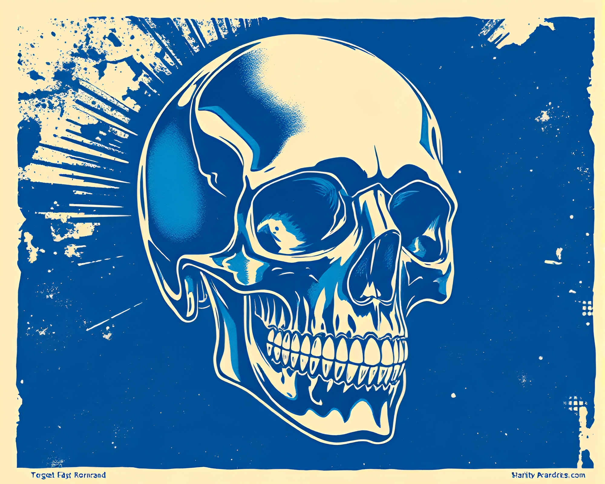 Dynamic Woodcut Print of Crystal Skull in Steel-Blue Light – free AI stock image