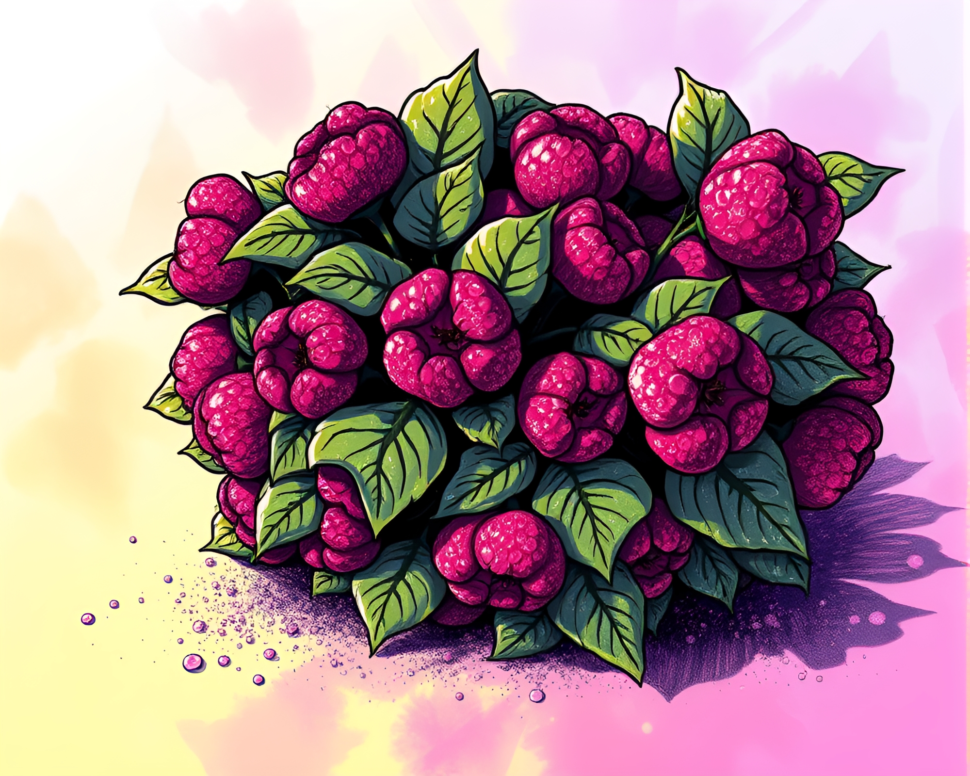 Manga Style Raspberry Bush with Glitter Dust Shading – free AI stock image
