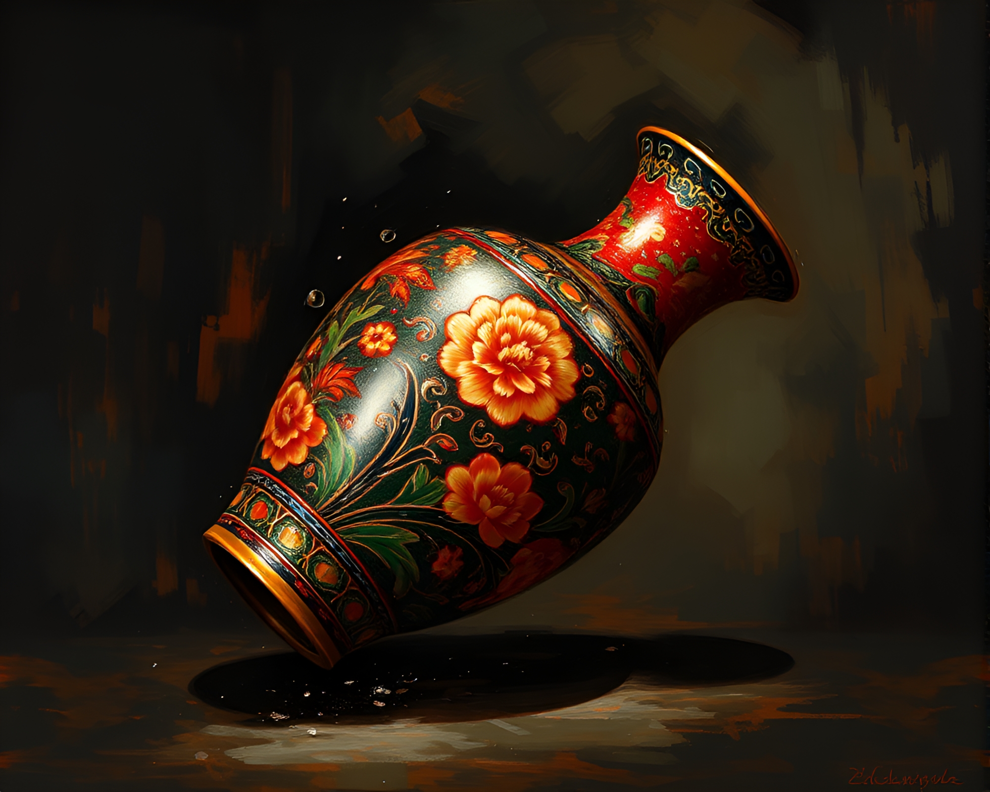 Dramatic Chiaroscuro Cloisonné Vase in Action Painting – free AI stock image