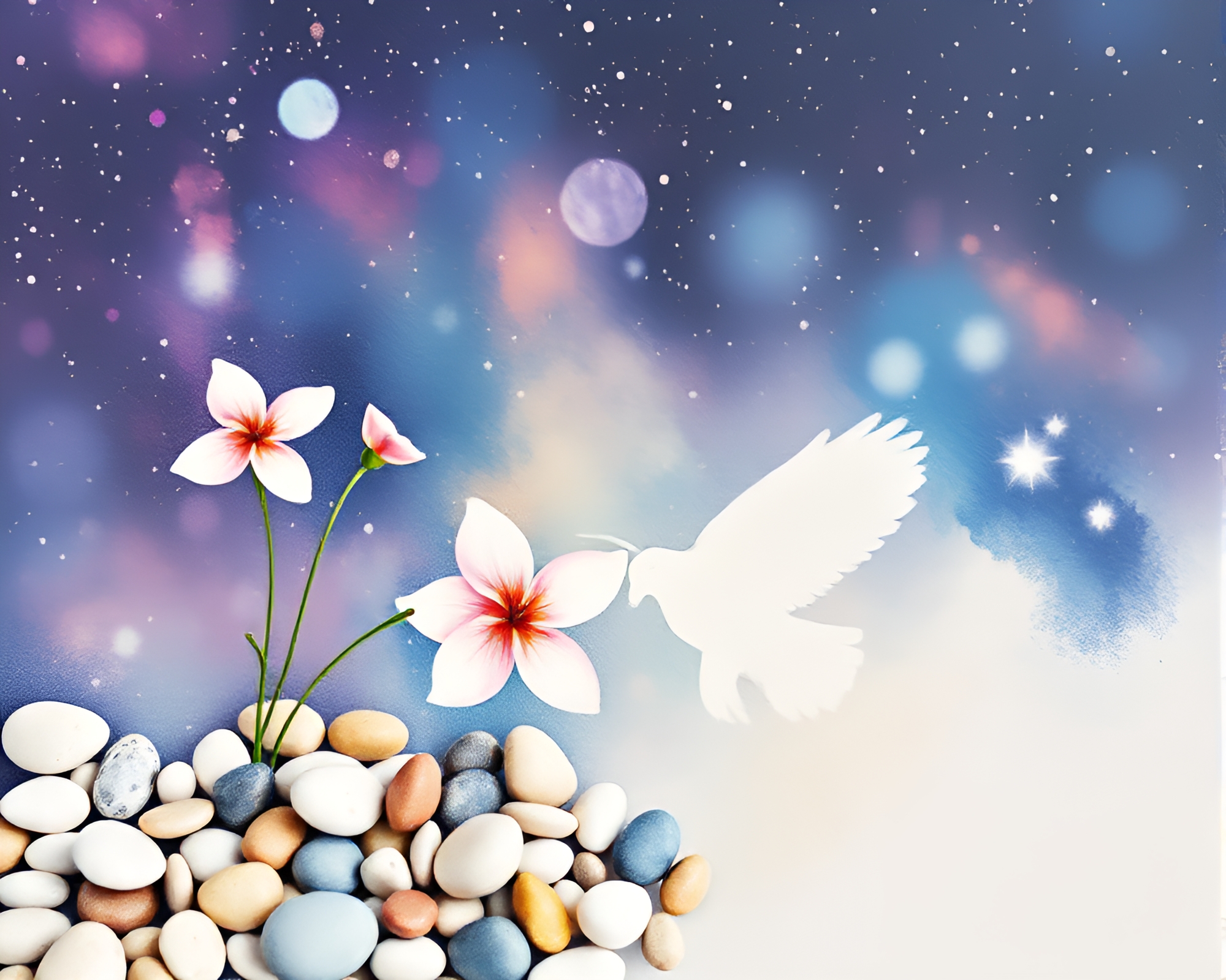 Surreal Watercolor Bloom on Pebble Beach – free AI stock image