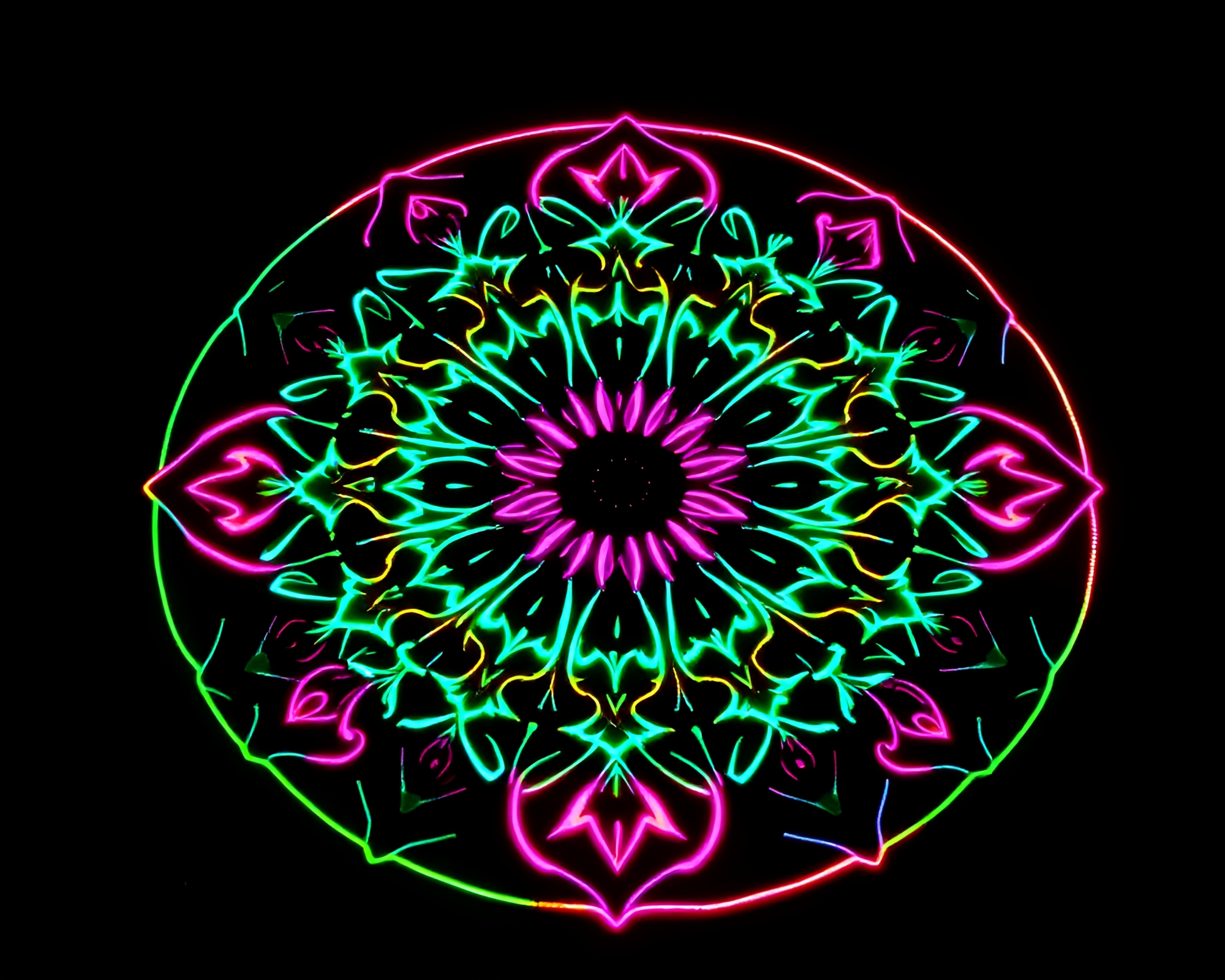 Fluorescent Botanical Mandala on Wet Pavement – free AI stock image