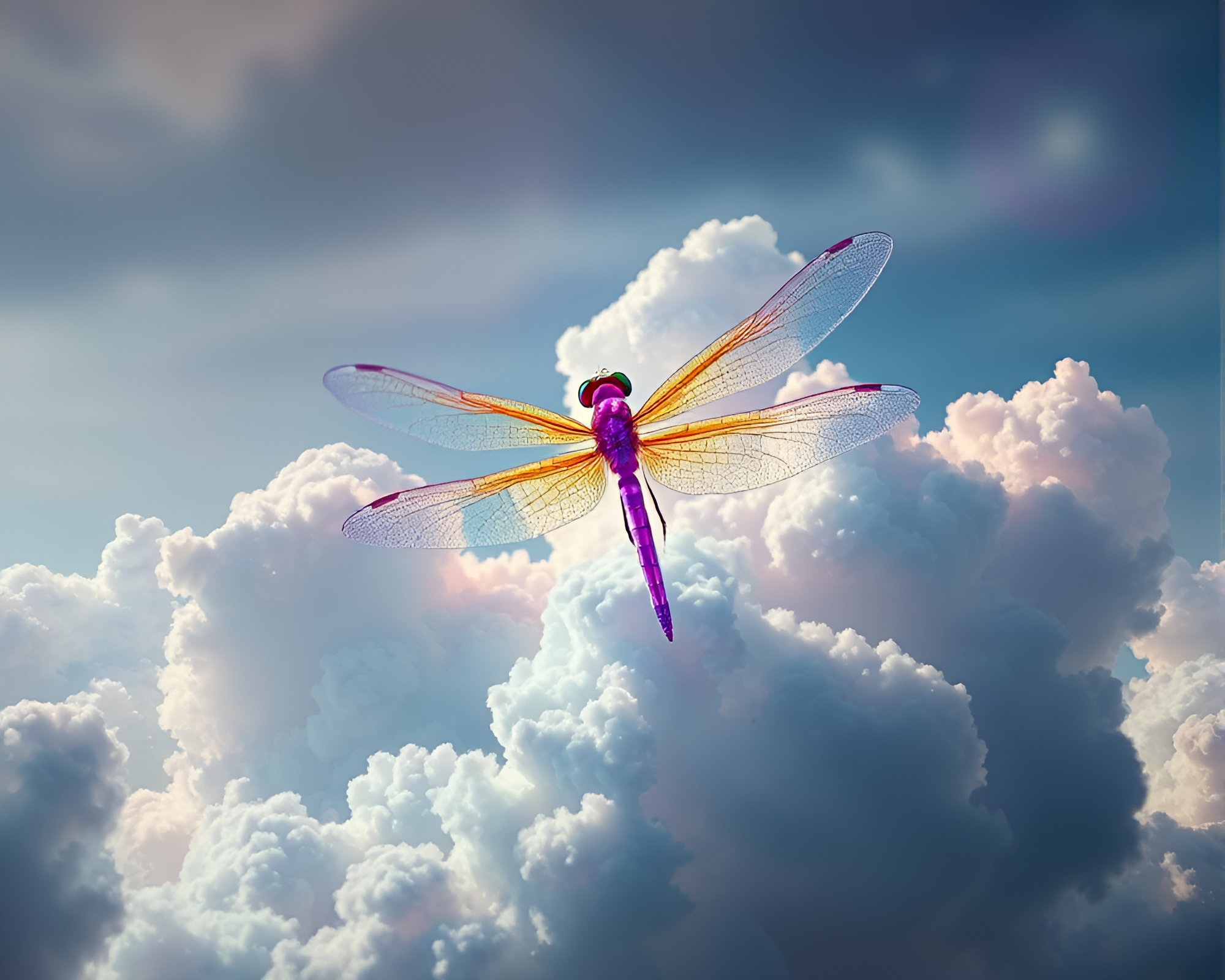 Enchanting Dragonfly Among Triadic Cloud Formations – free AI stock image