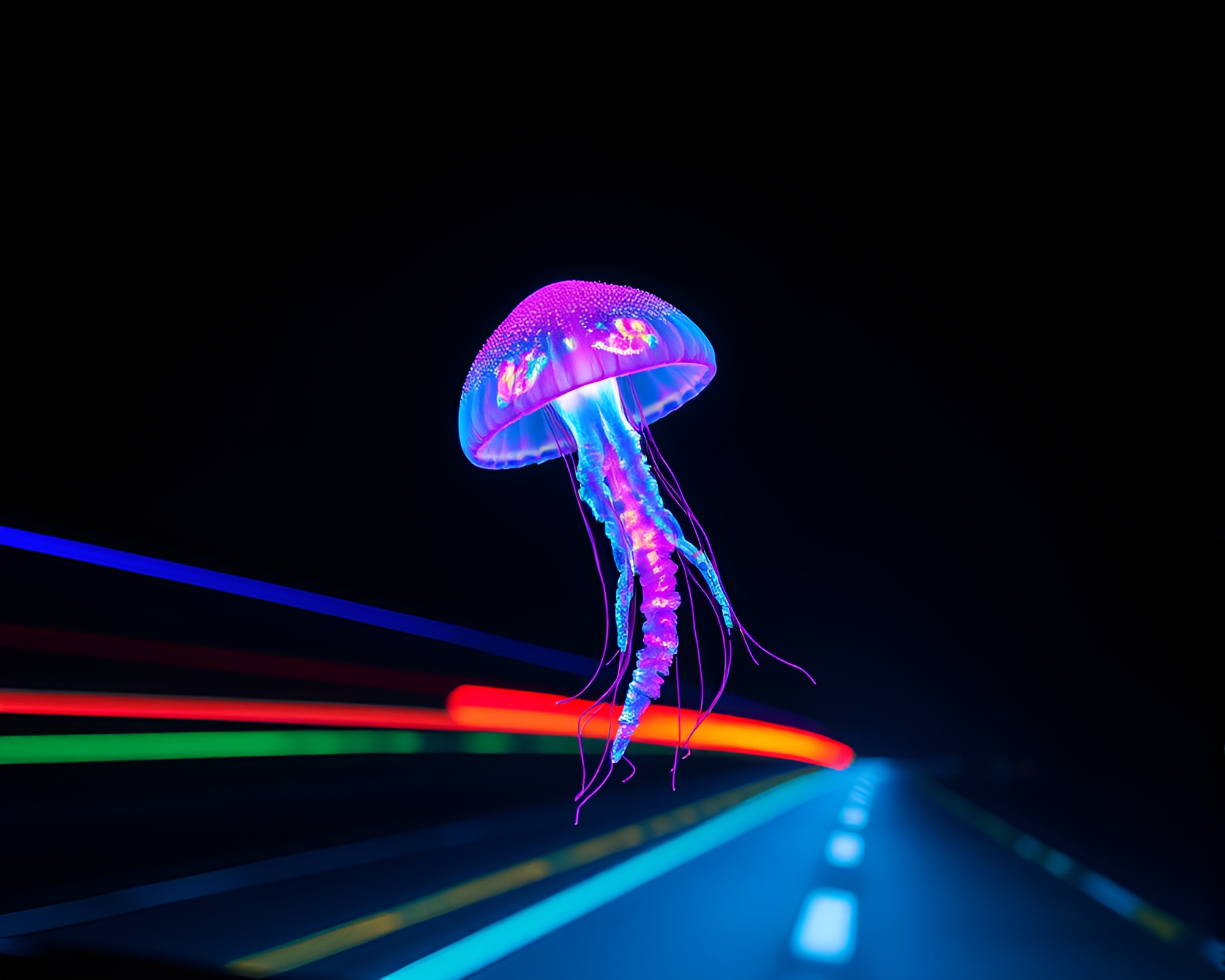Rainbow Bioluminescent Jellyfish Car Light Trail Stereograph – free AI stock image