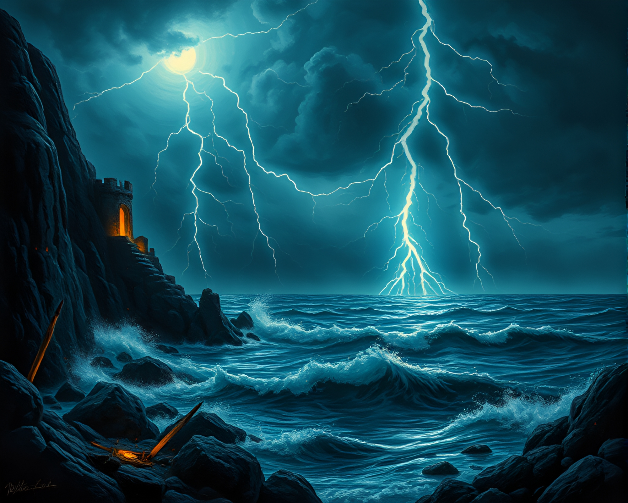 Thunderstorm Dungeon: Sgraffito Ocean Vignette – free AI stock image