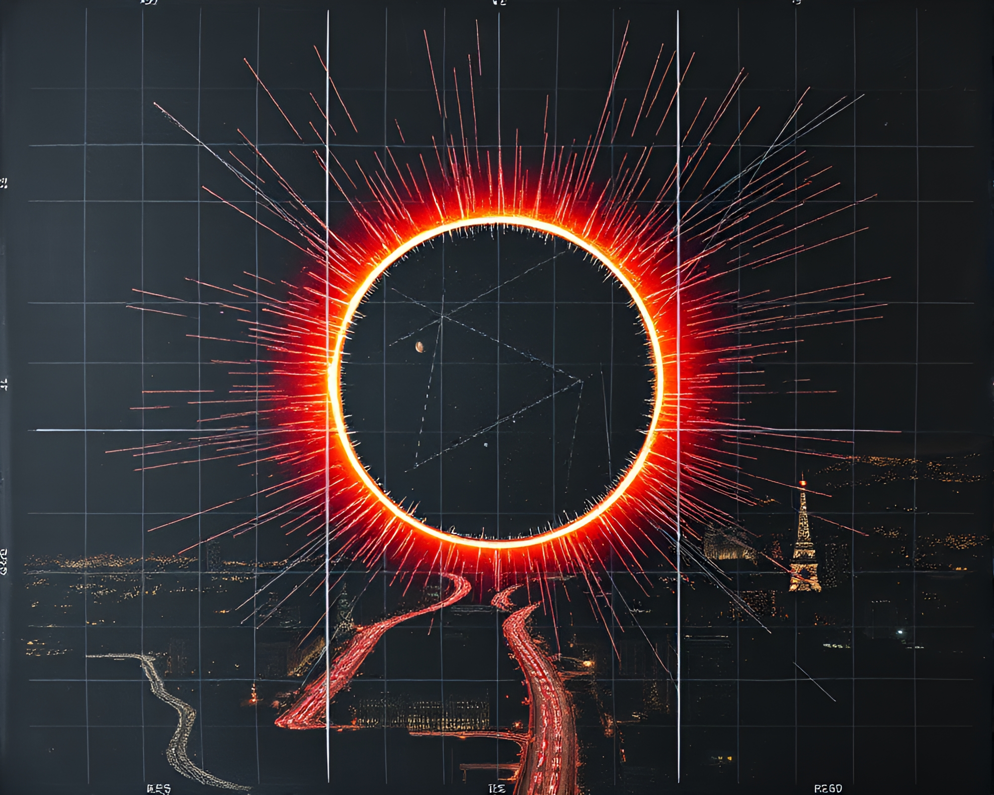 Solar Eclipse Cityscape Chalkboard Drawing – free AI stock image