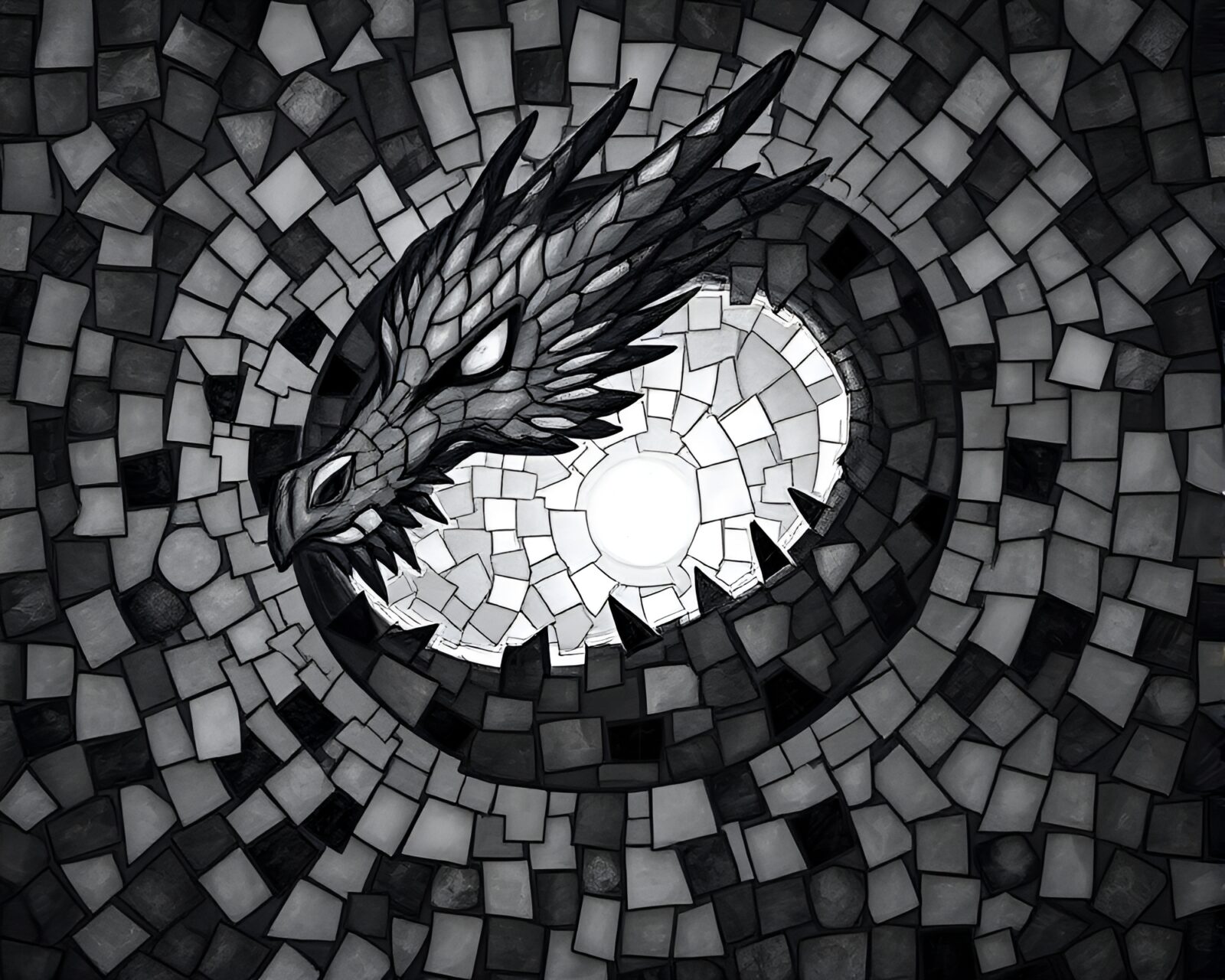 Low light photo of dragon egg surrounded by fragmented mosaic