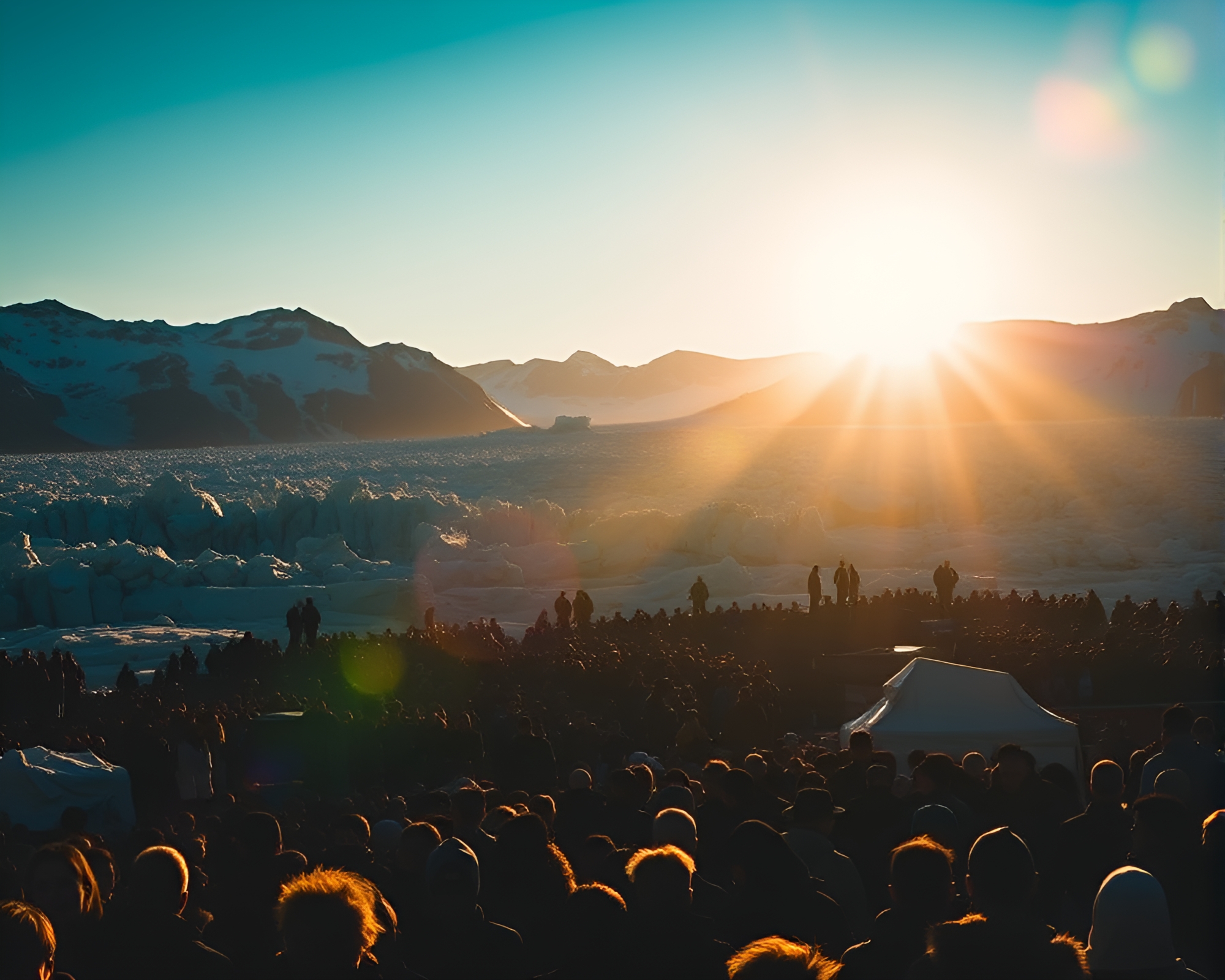 Glacier Silhouette Crowd Basking in Golden Hour Glow – free AI stock image