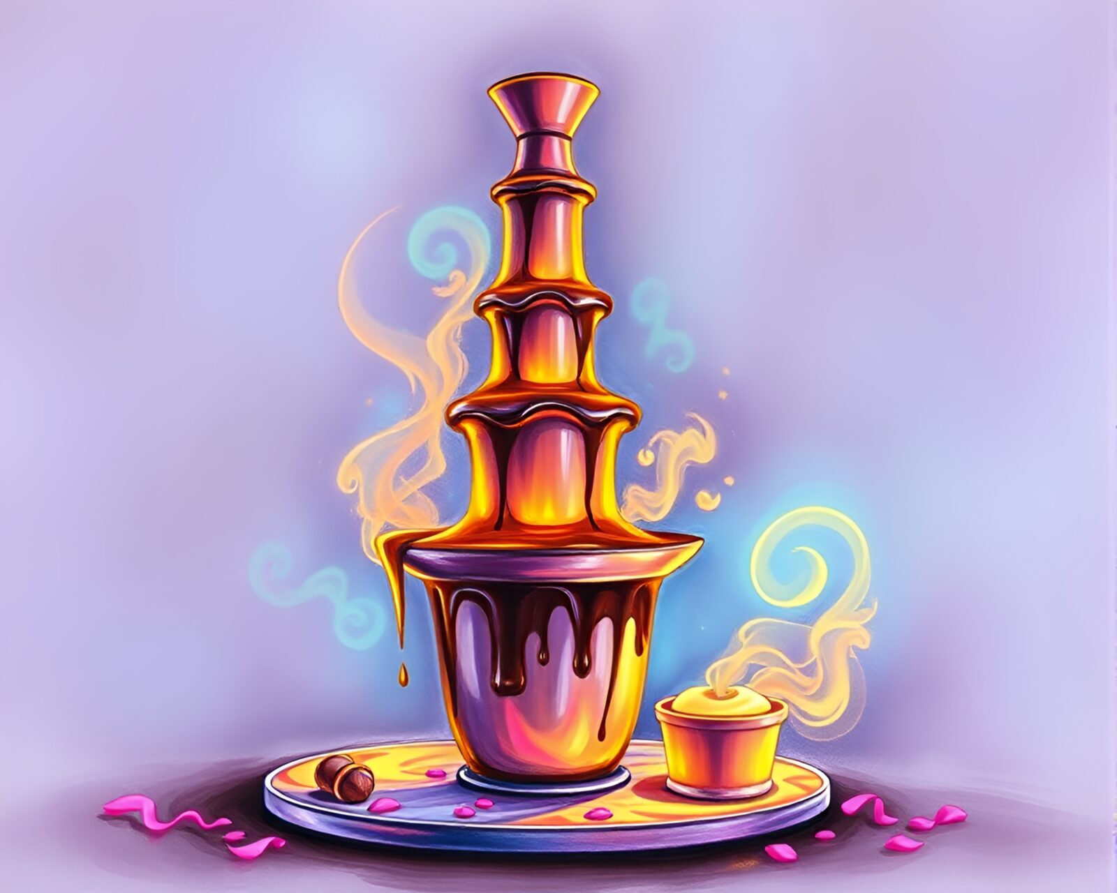 Vibrant pastel drawing of a glowing chocolate fountain