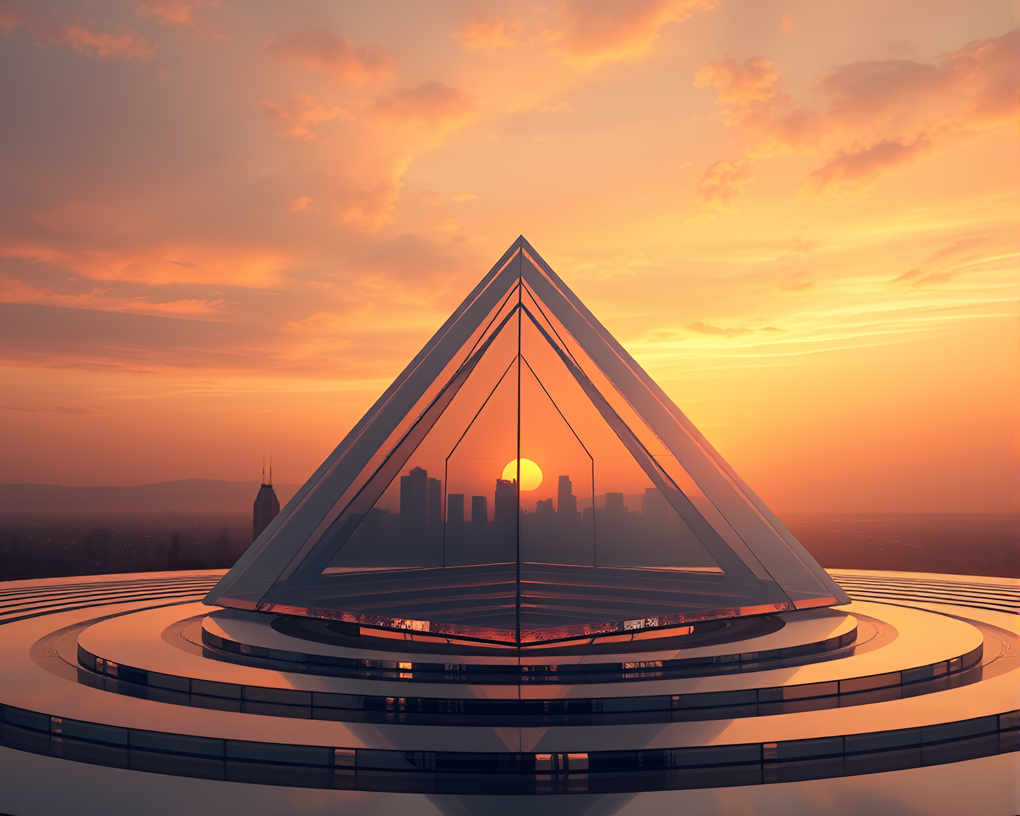 Glass Pyramid Sunset Skyline Procedural Art – free AI stock image
