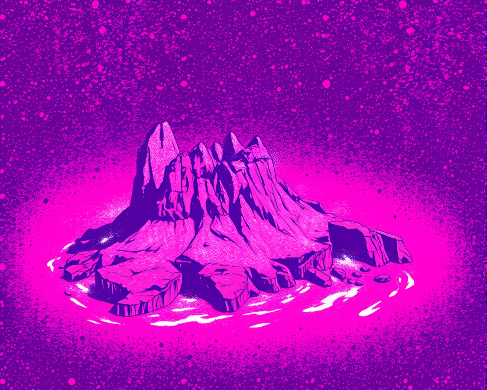 A stunning top-down view of a lush magenta-hued island