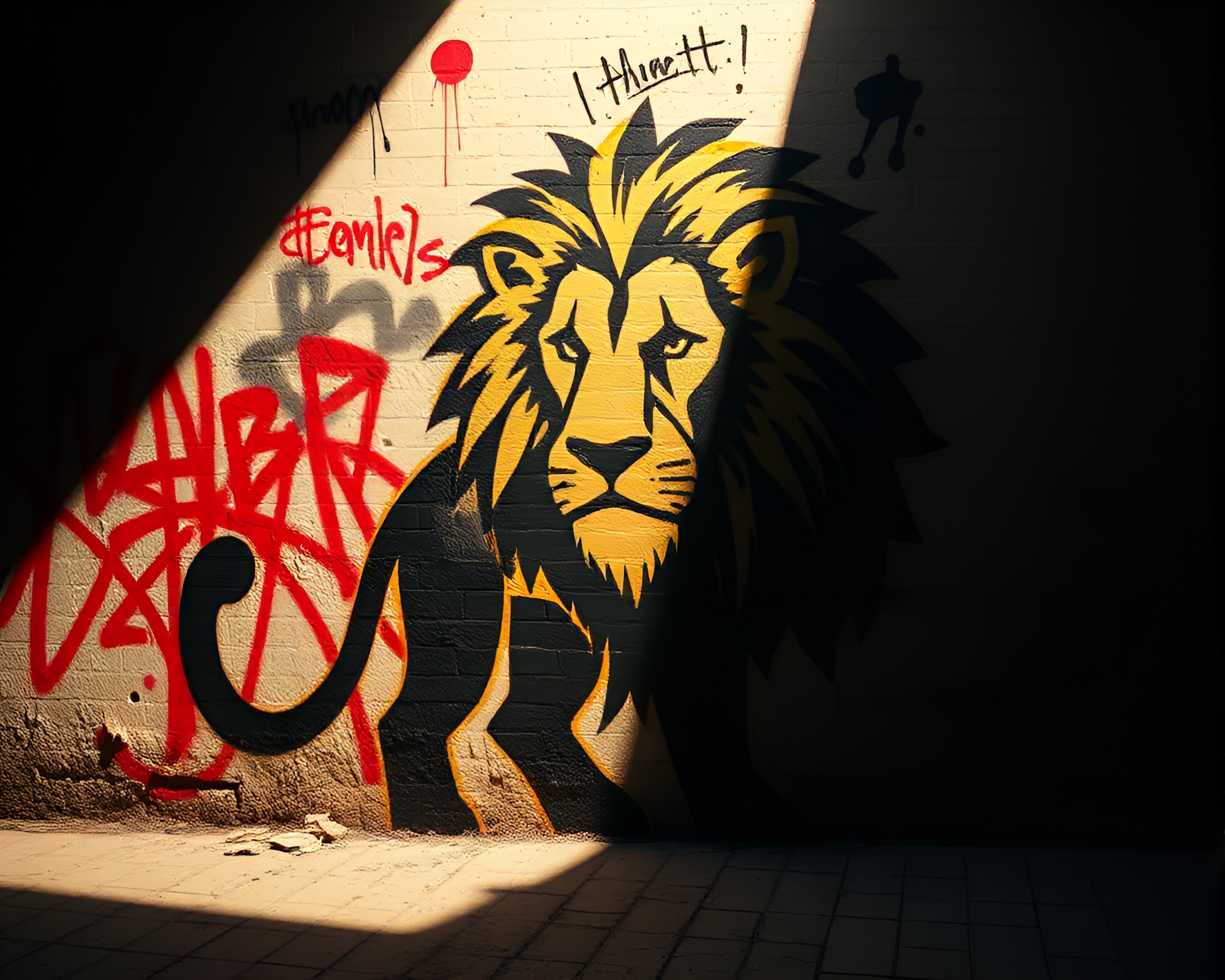 Abstract Film Burn Lion in Shadowy Attic Graffiti – free AI stock image