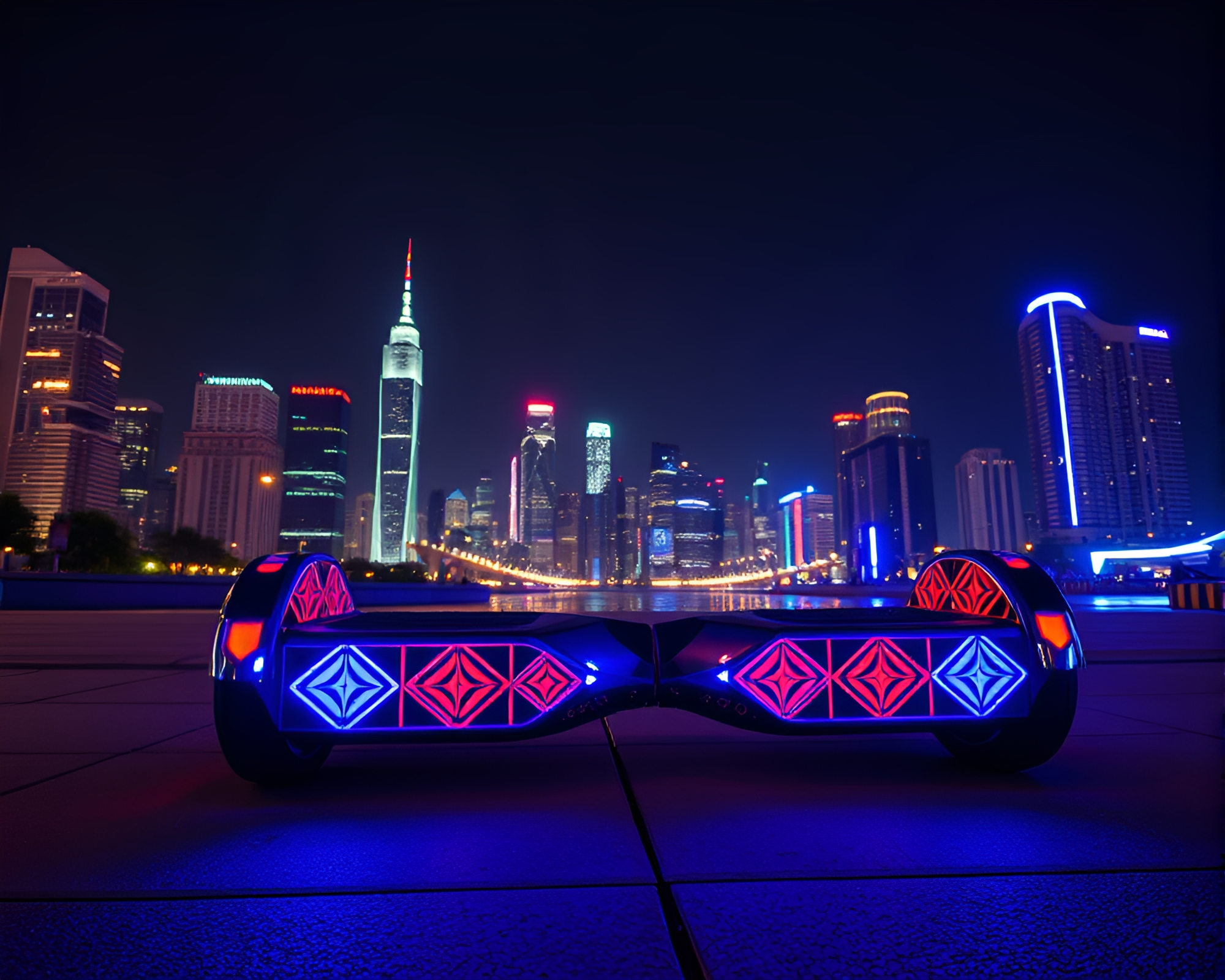 Futuristic Hoverboard Cityscape with Geometric Patterns – free AI stock image