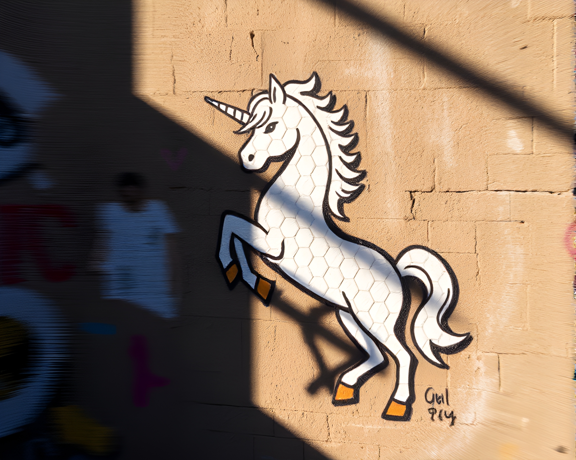 Unicorn Street Art Tags in Attic Shadows – free AI stock image