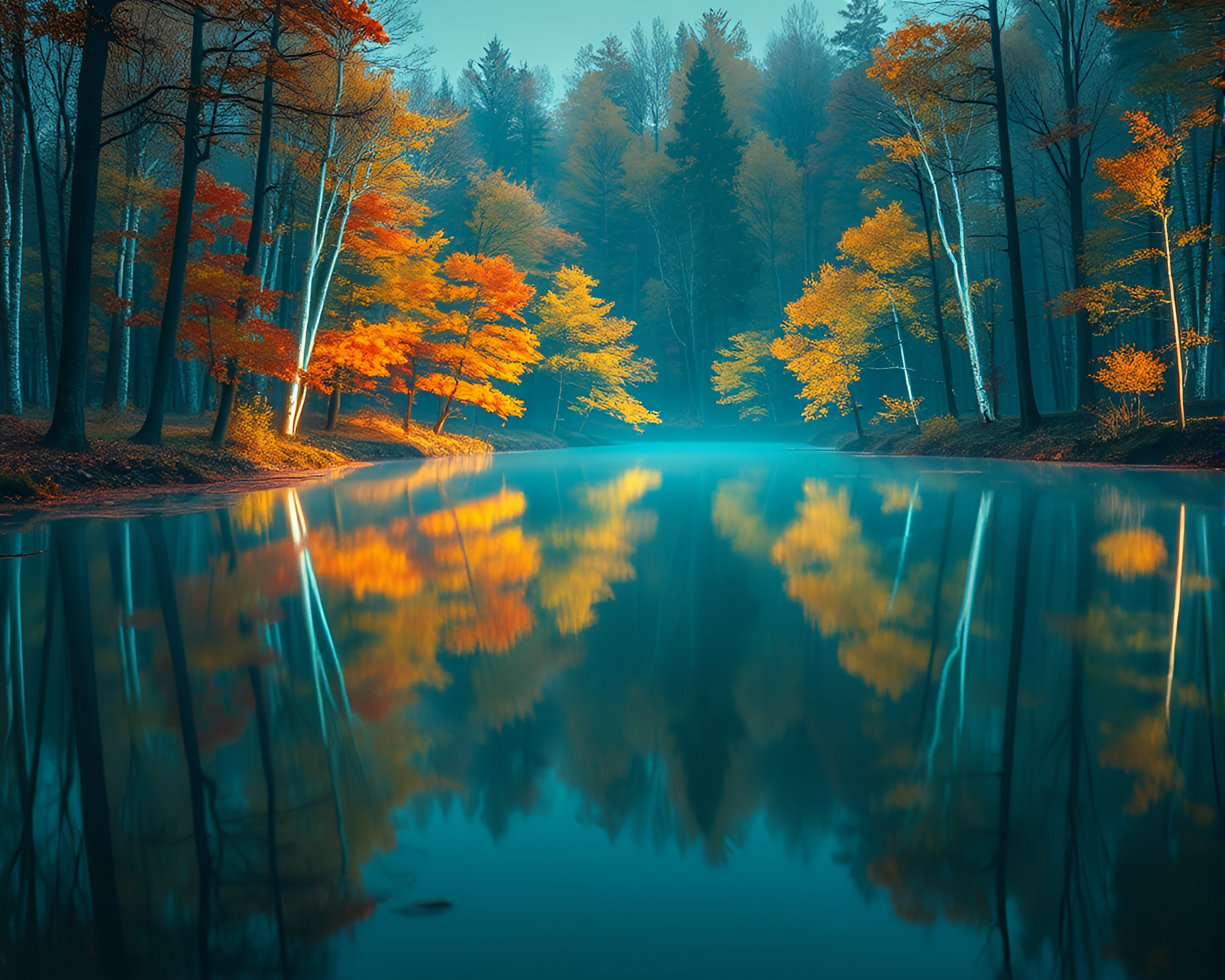 Neon-lit Autumn Forest: Turquoise Grisaille Serenity – free AI stock image