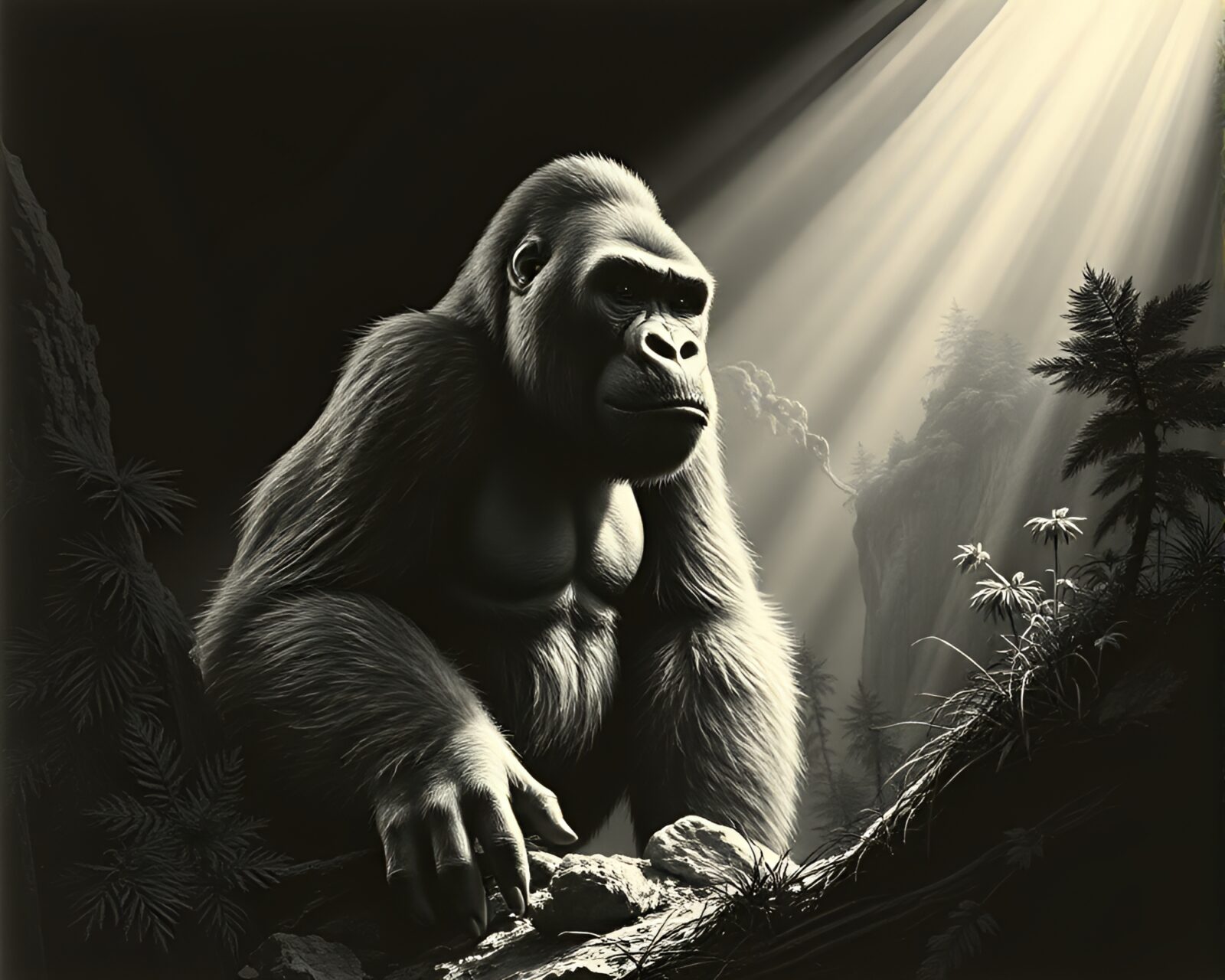 Majestic gorilla in dramatic spotlight within etched landscape