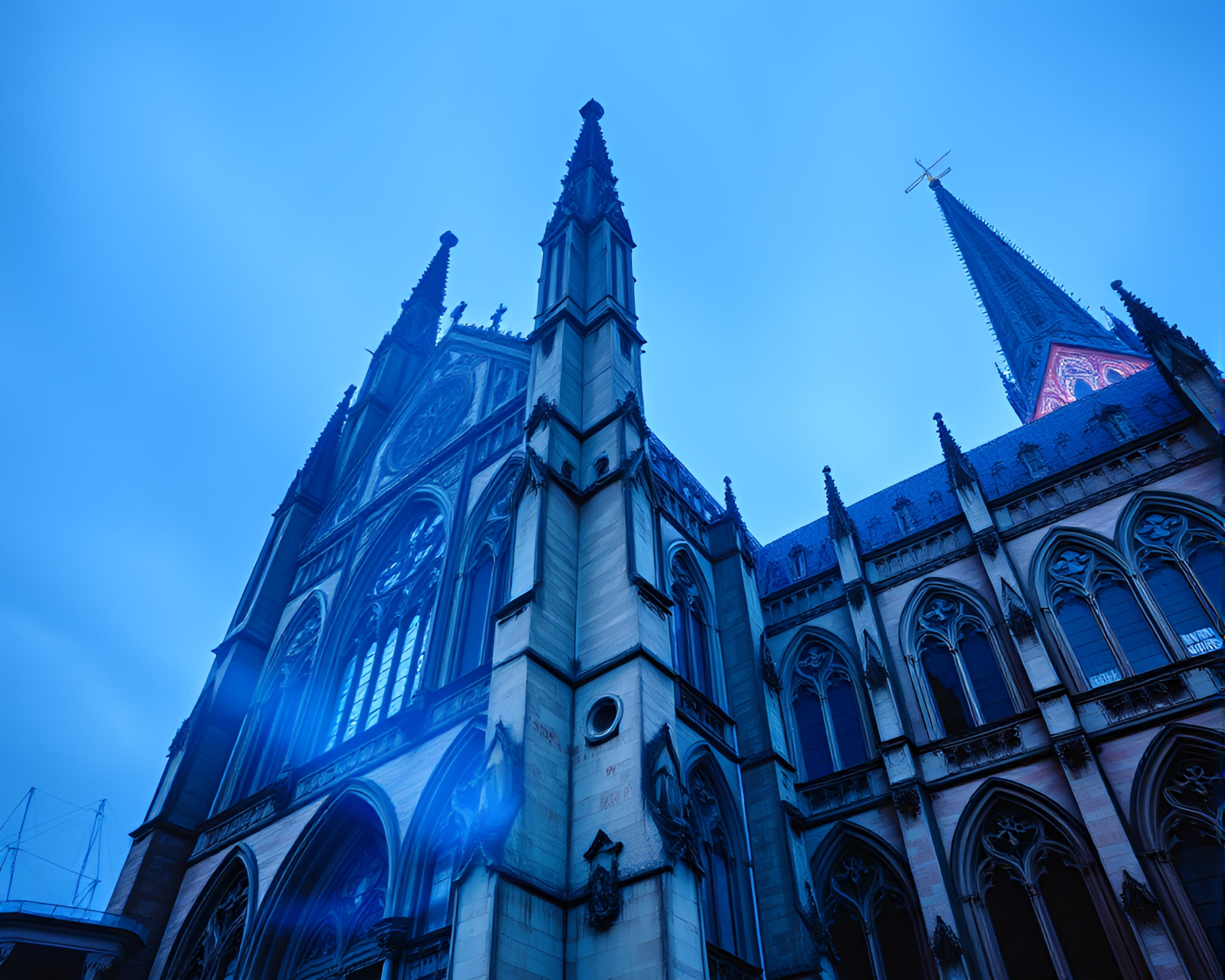 Gothic Cathedral in Cobalt Light: Double Exposure Photography – free AI stock image