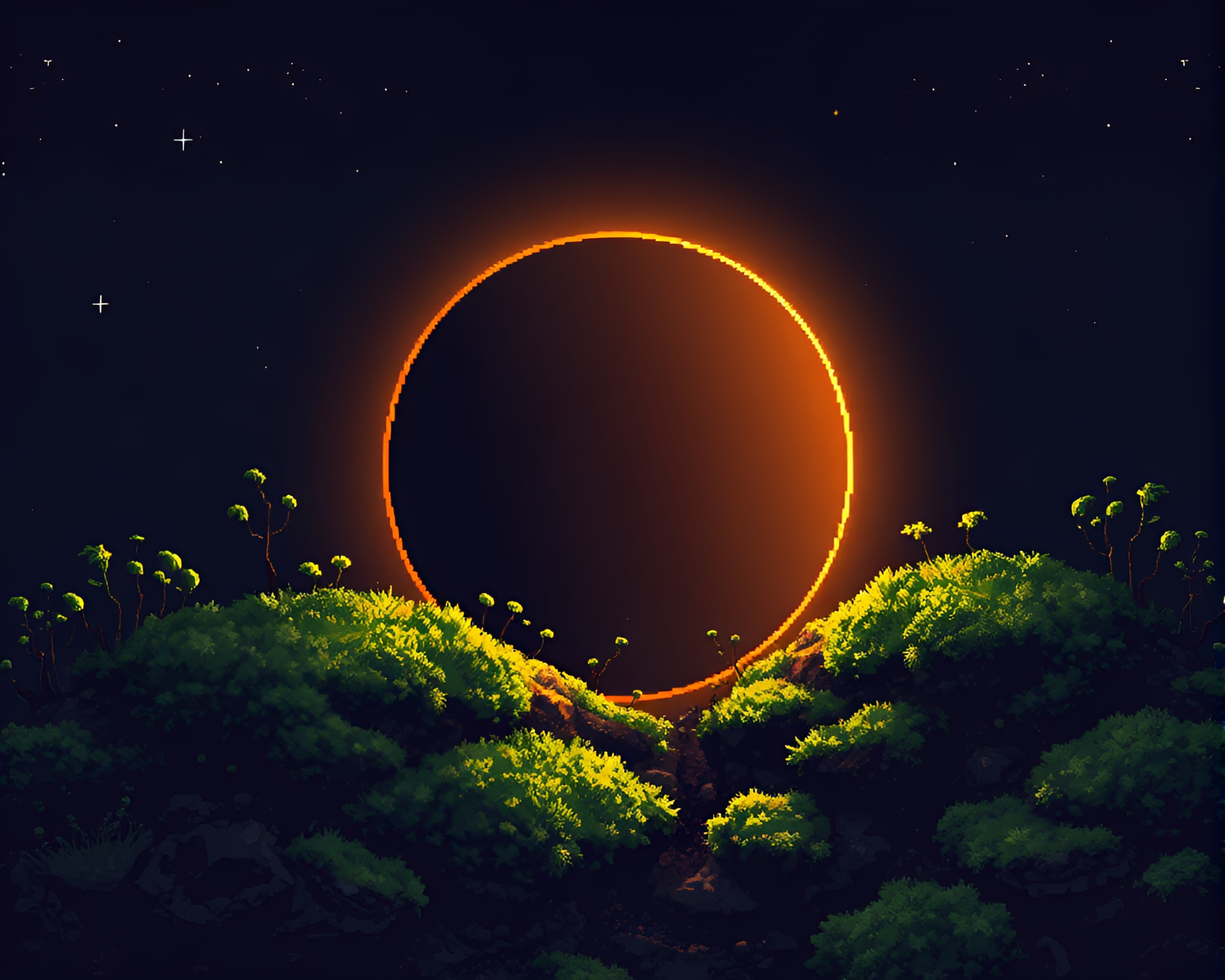Enchanted Mossy Solar Eclipse in Pixel Art Style – free AI stock image