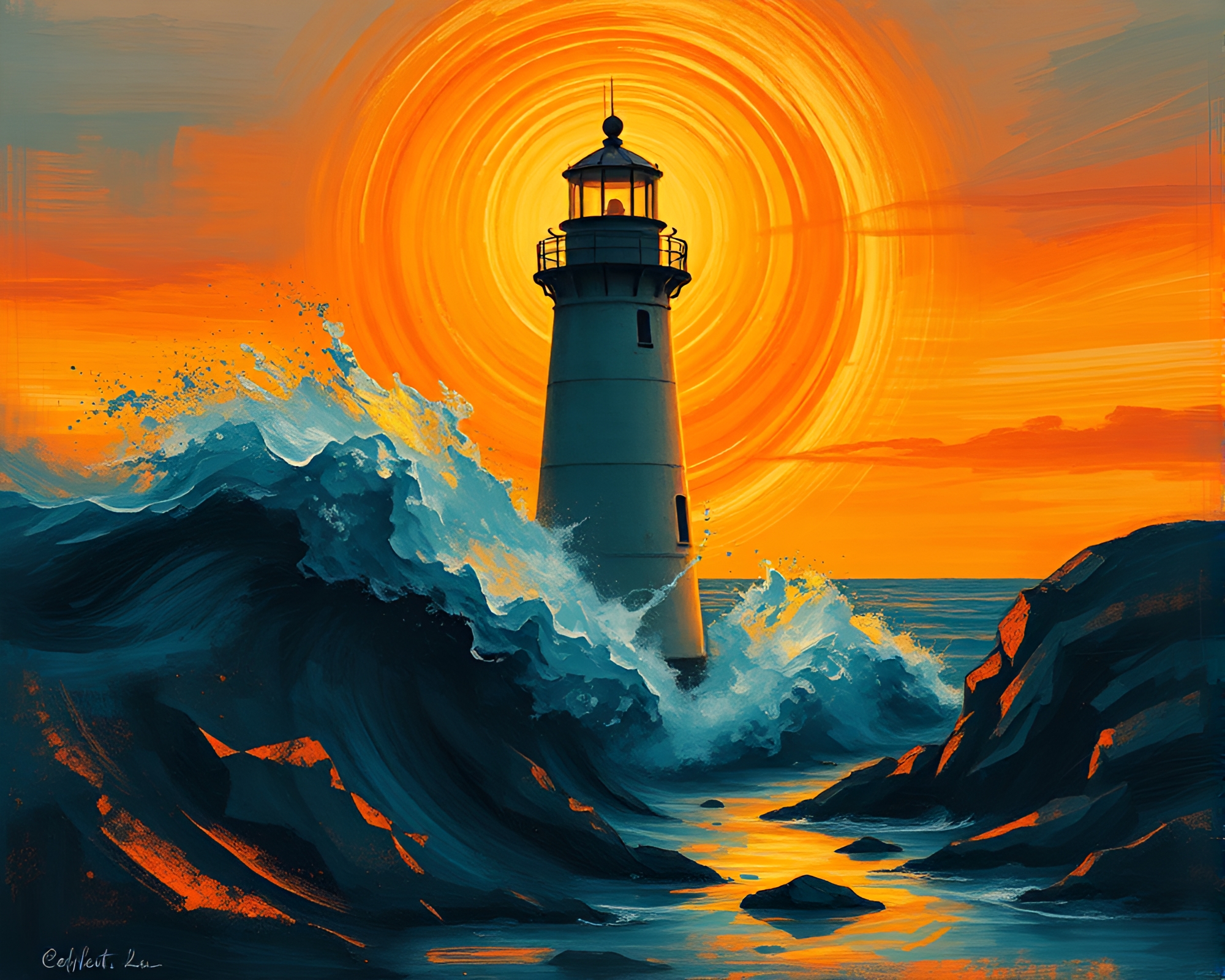 Lighthouse Sunset Vortex in Mixed Media Fantasy Artwork – free AI stock image