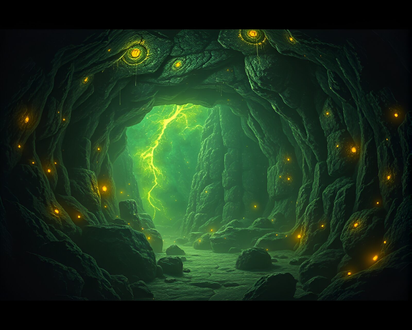 Abstract art of parallel dimensions with eerie dungeon lighting
