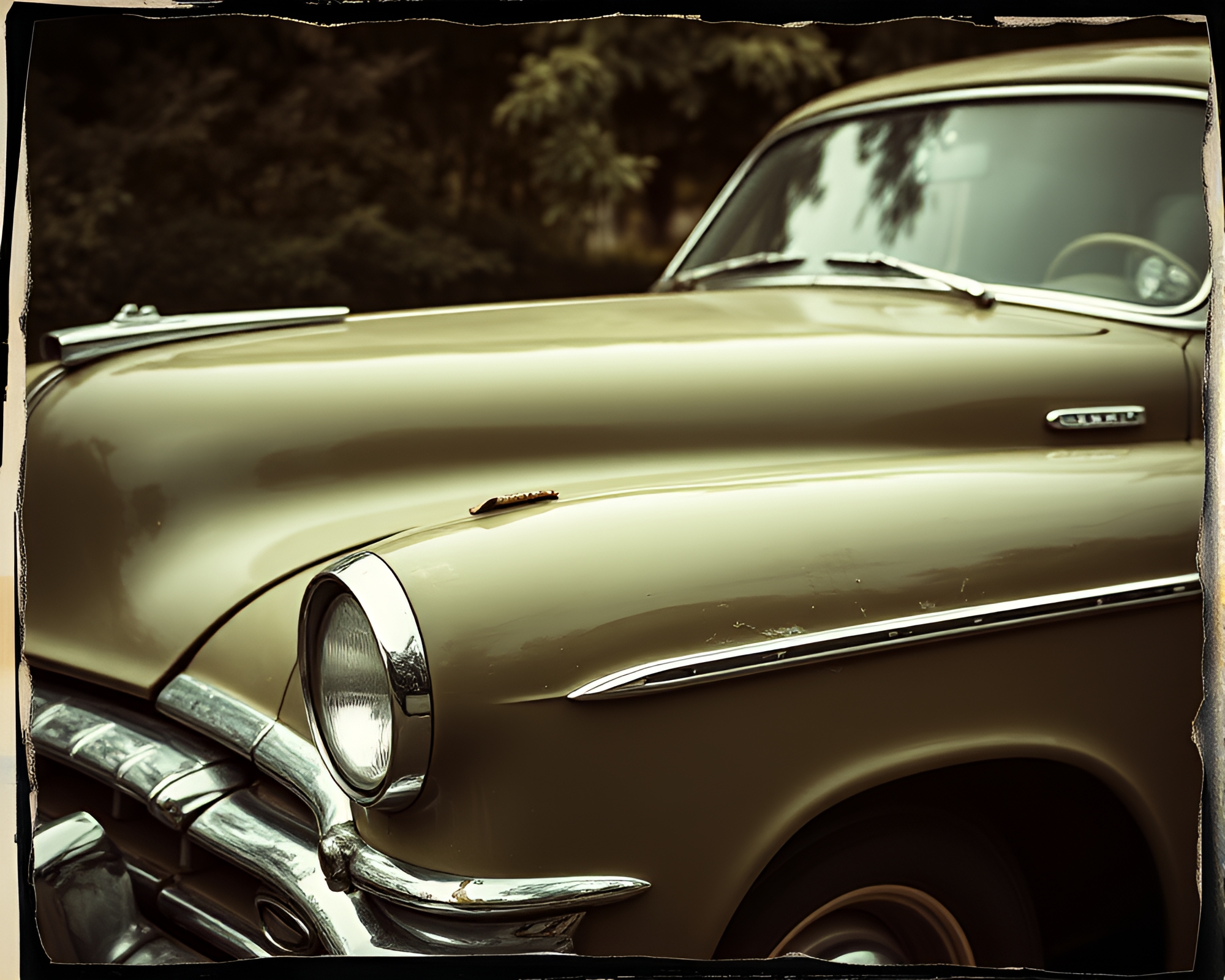 Vintage Car with Torn Edges in Olive Drab Tone – free AI stock image