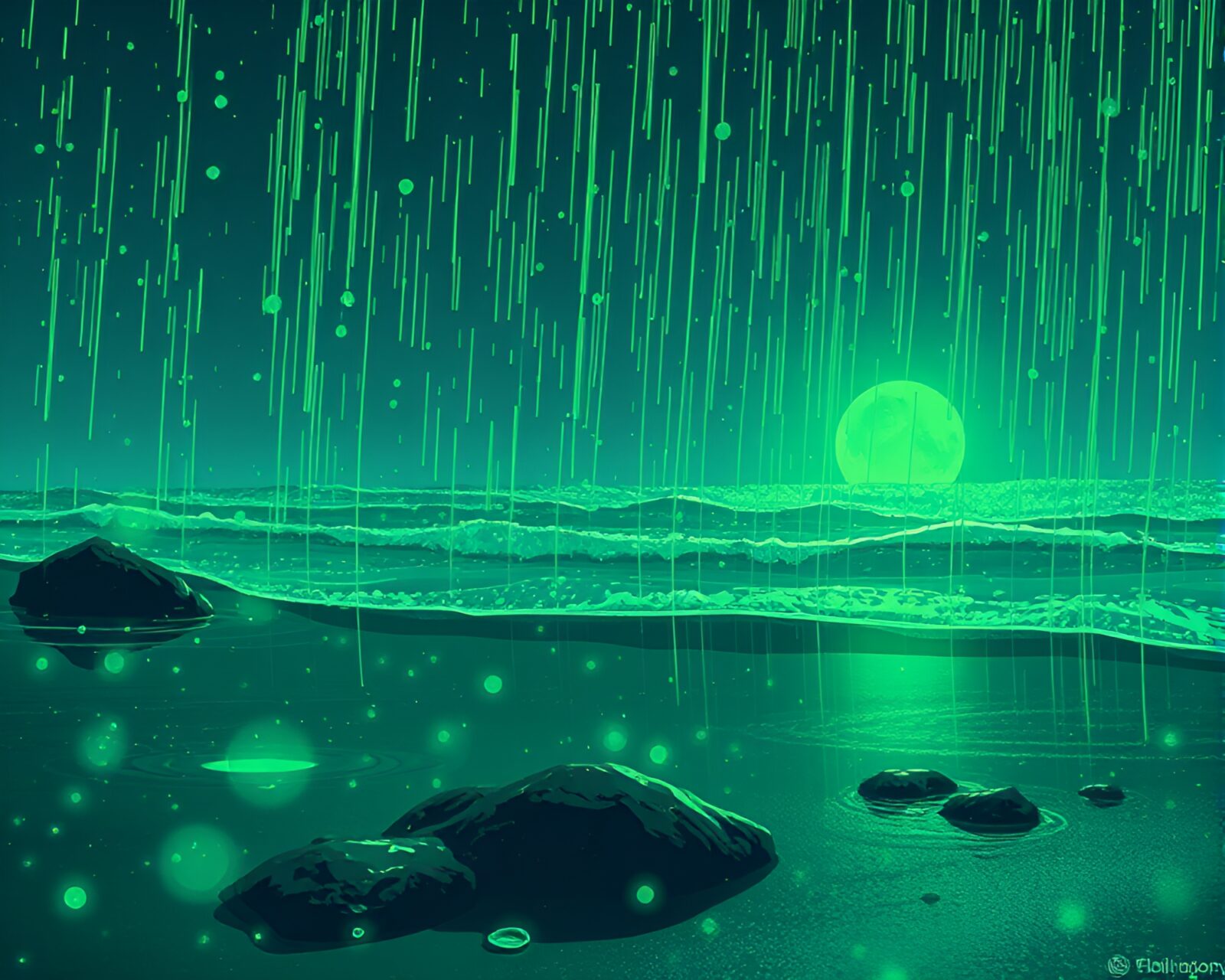Illustration of emerald beach covered in dew drops