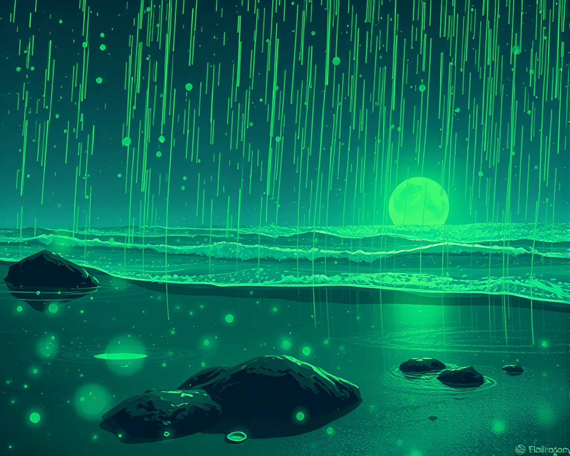 Cyberpunk Beachscape with Emerald Dew Drops – free AI stock image