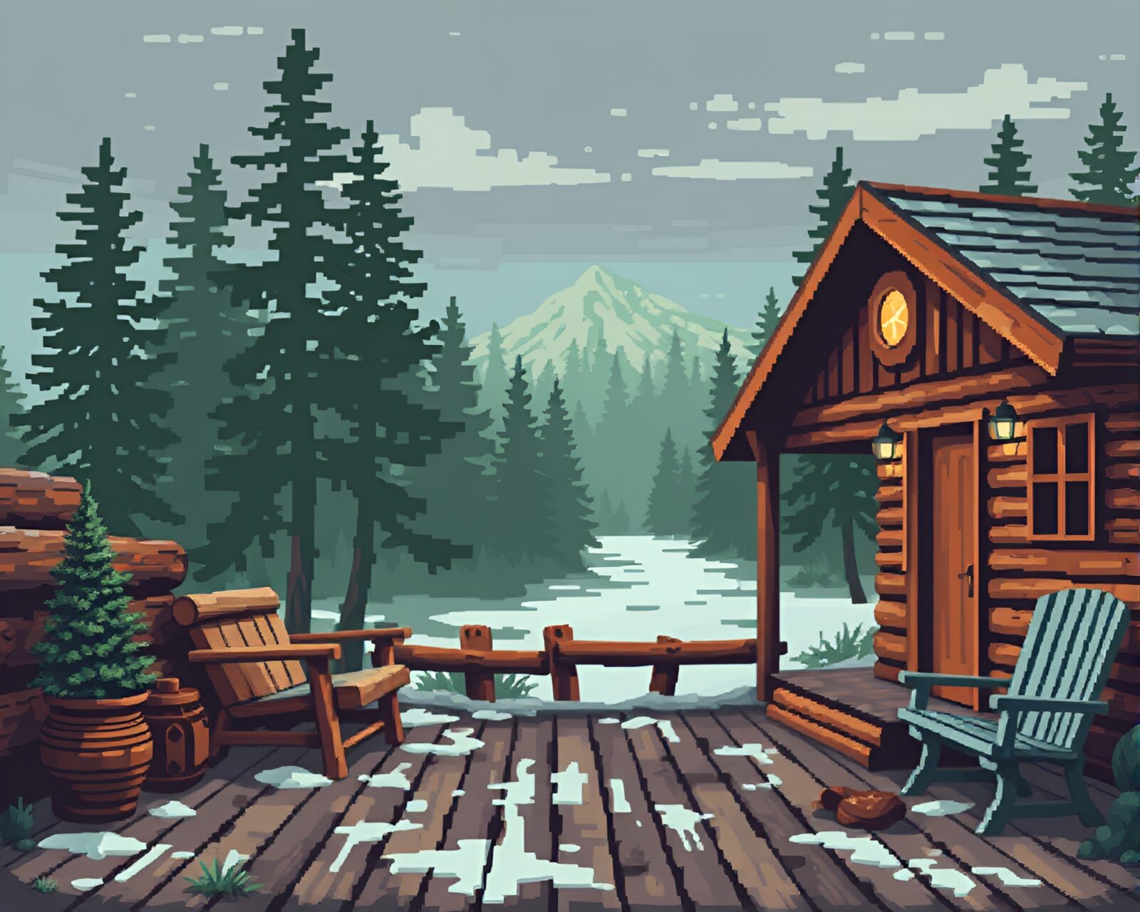 A retro-faded mural of a pixelated rustic cabin