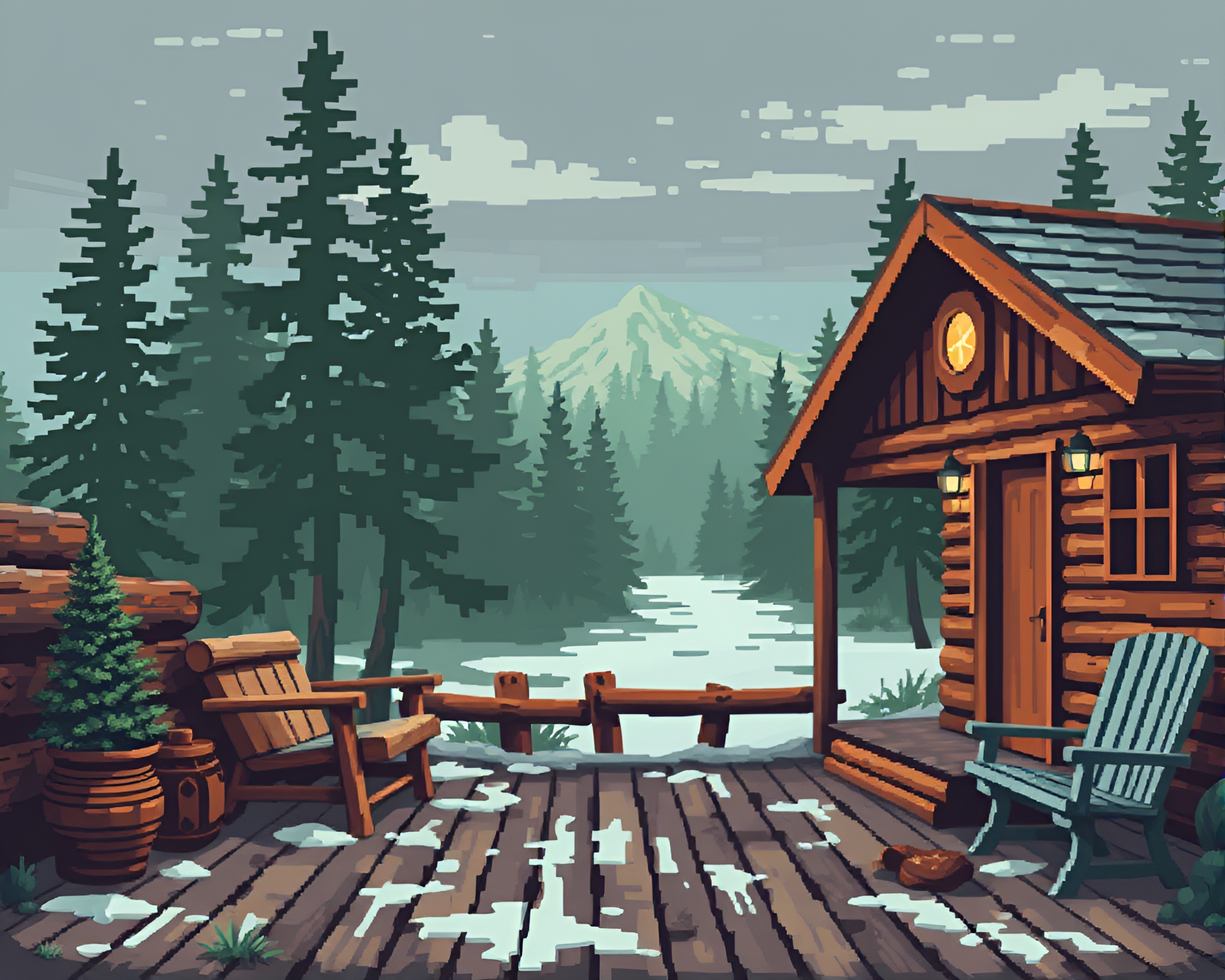 Rustic Cabin Pixelated Mural Painting – free AI stock image