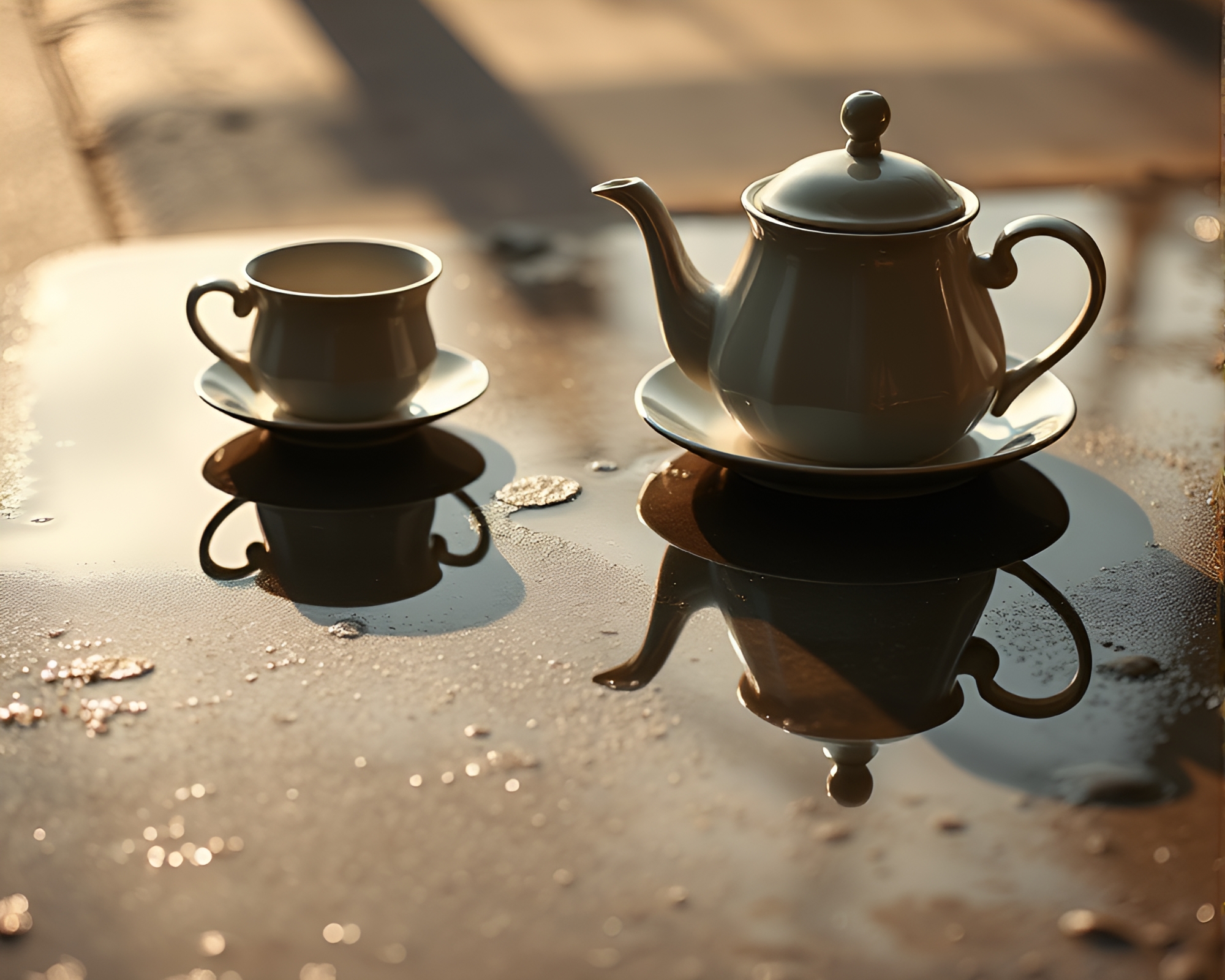 Antique Tea Set in Puddle Reflection – free AI stock image
